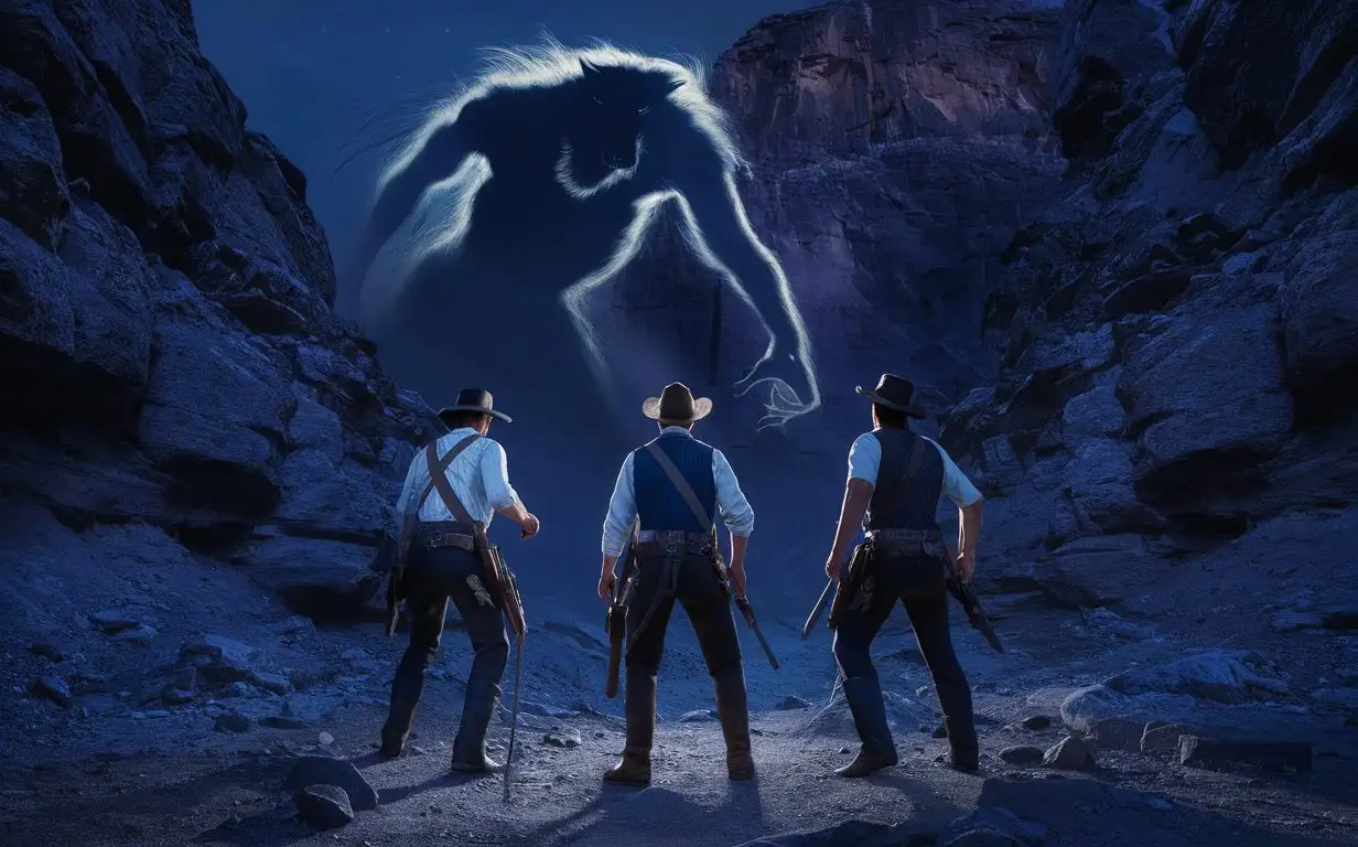 Three tough, rugged American cowboy gunfighters in the 1800s Mexico standing in a rugged canyon arroyo at night. They have their guns drawn, looking up at the monstrous shadow of a half-man half wolf werewolf looming against the rocks and boulders against the canyon wall, the shadow exaggerated and distorted, and very menacing. High definition, super realistic,