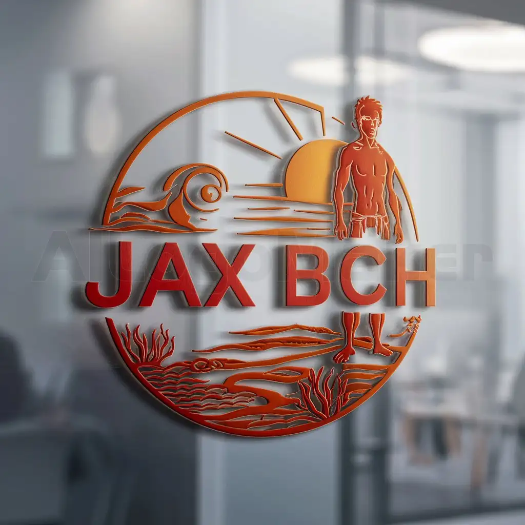 a logo design,with the text "Jax Bch", main symbol:Vector illustration in circle of the Survivor who stays at the beach. Many details, without brand name and letters, orange and red colors.,Moderate,be used in Travel industry,clear background