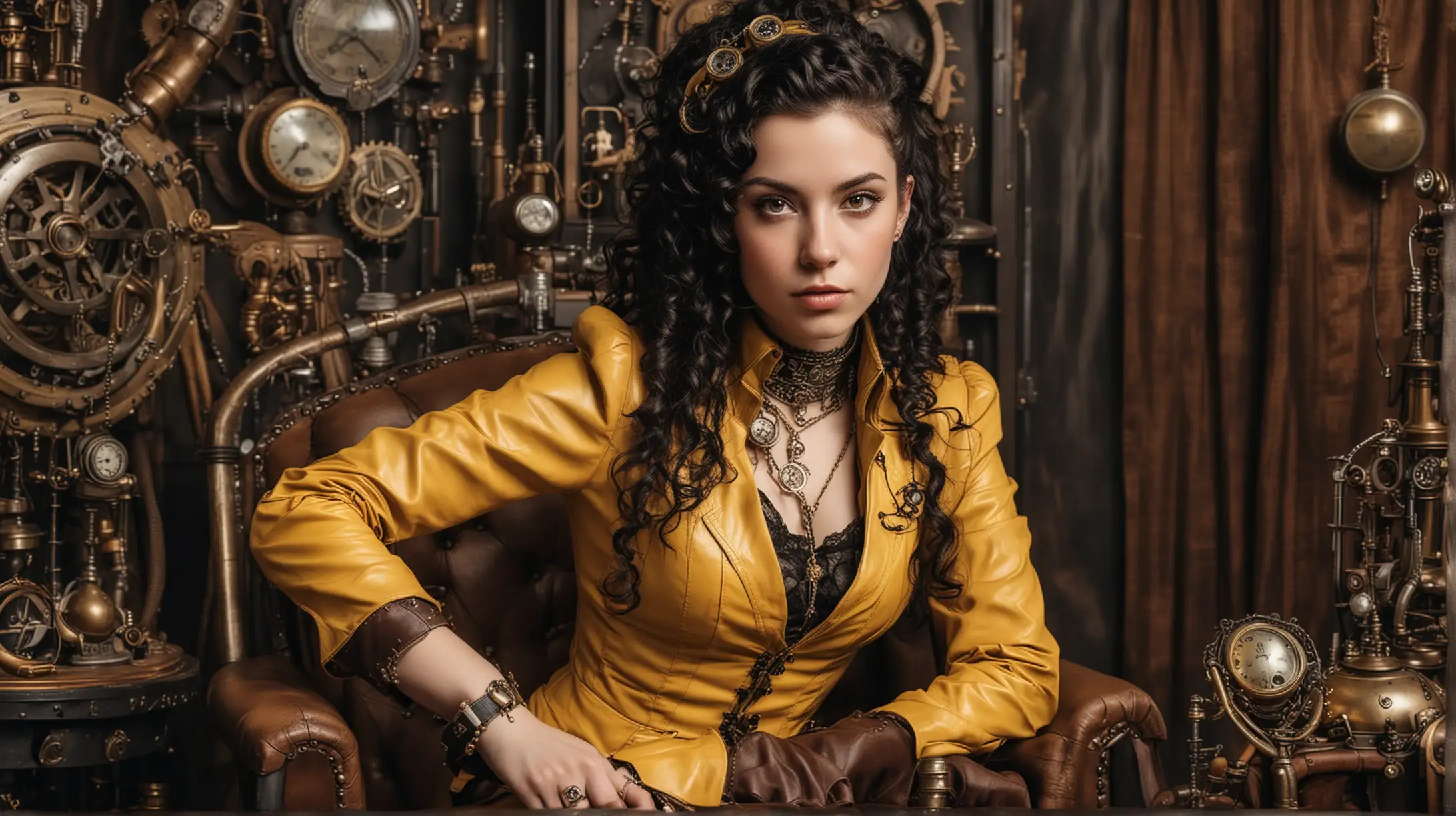 Steampunk Woman Portrait in Yellow Leather Suit with Curly Hair