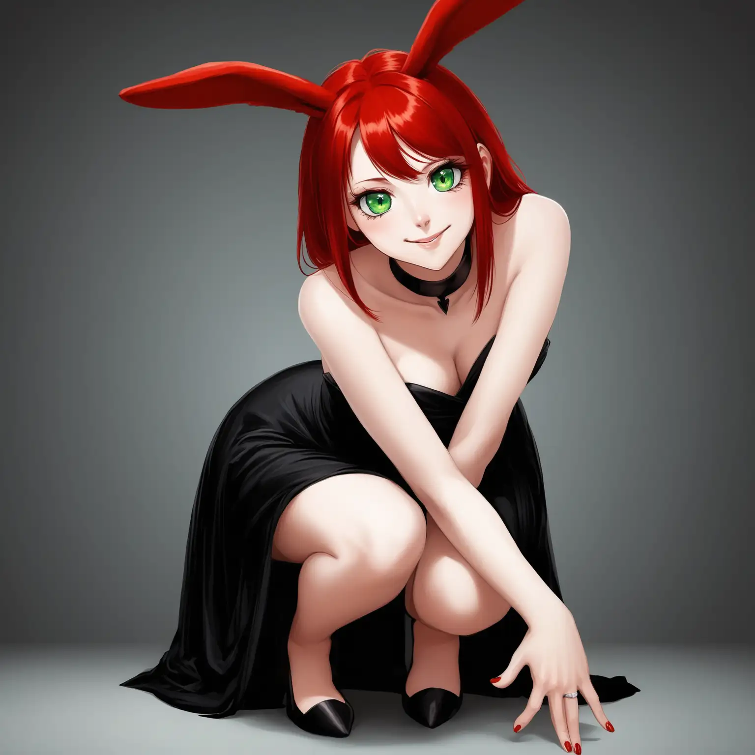 Seductive-RedHaired-Girl-in-Provocative-Black-Dress-with-Rabbit-Ears