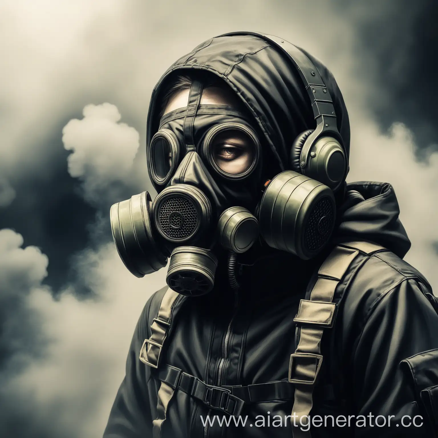 Person-Wearing-Gas-Mask-and-Headphones-in-Urban-Environment