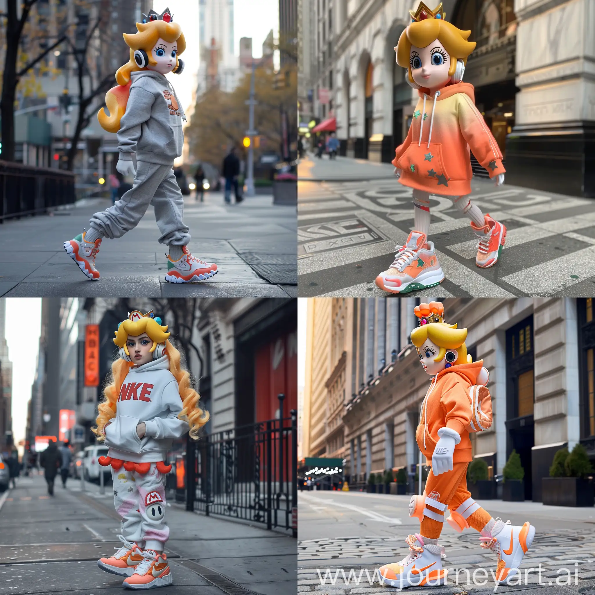 Princess Peach in New York City, wearing beats headphones Nike hoodie and Nike shoes, walking 