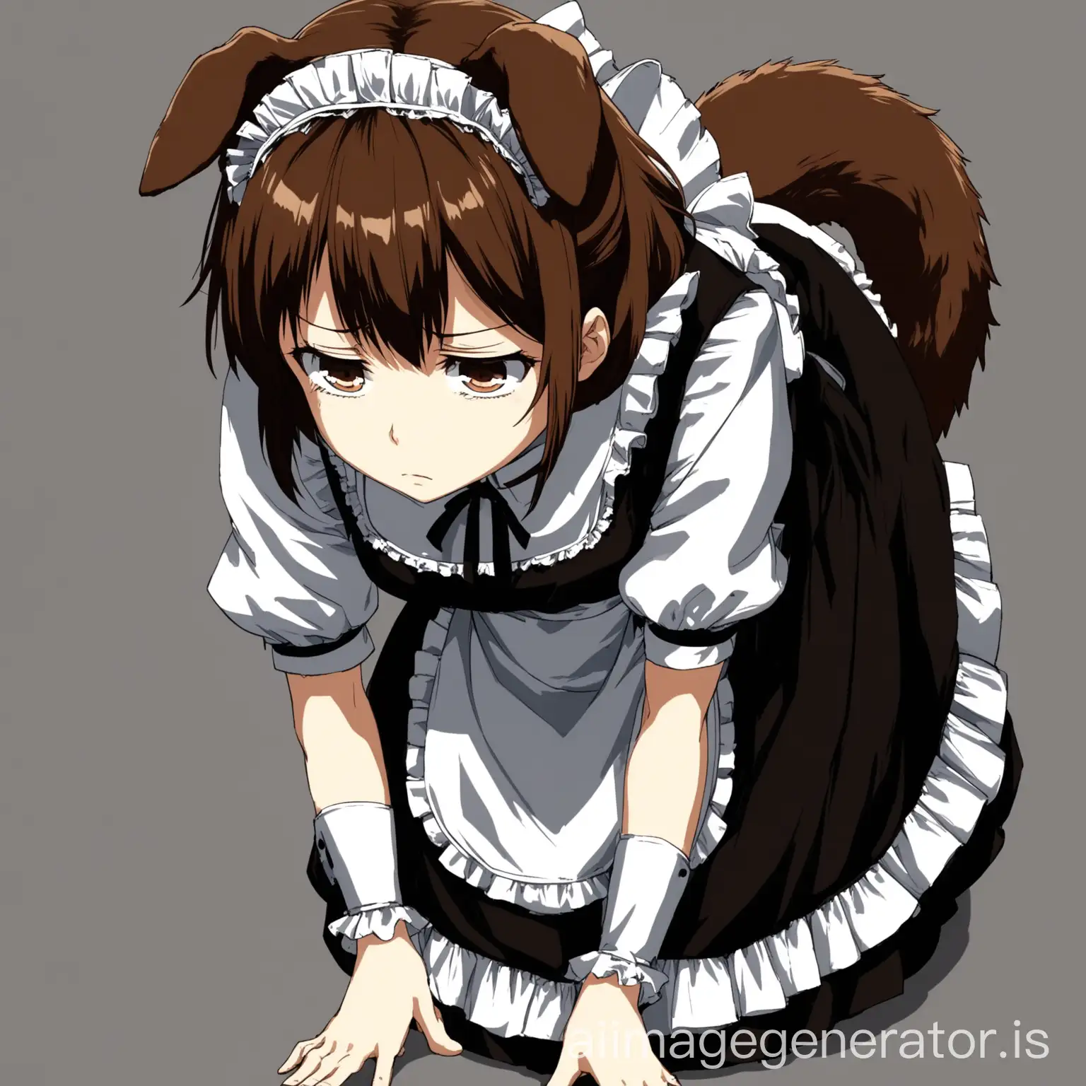 Anime girl bowing down looking up slightlt with her head. Dog ears and tail. Maid dress. Emberssed expression on her face. Bowing down like a servent. DOG EARS. Brown hair