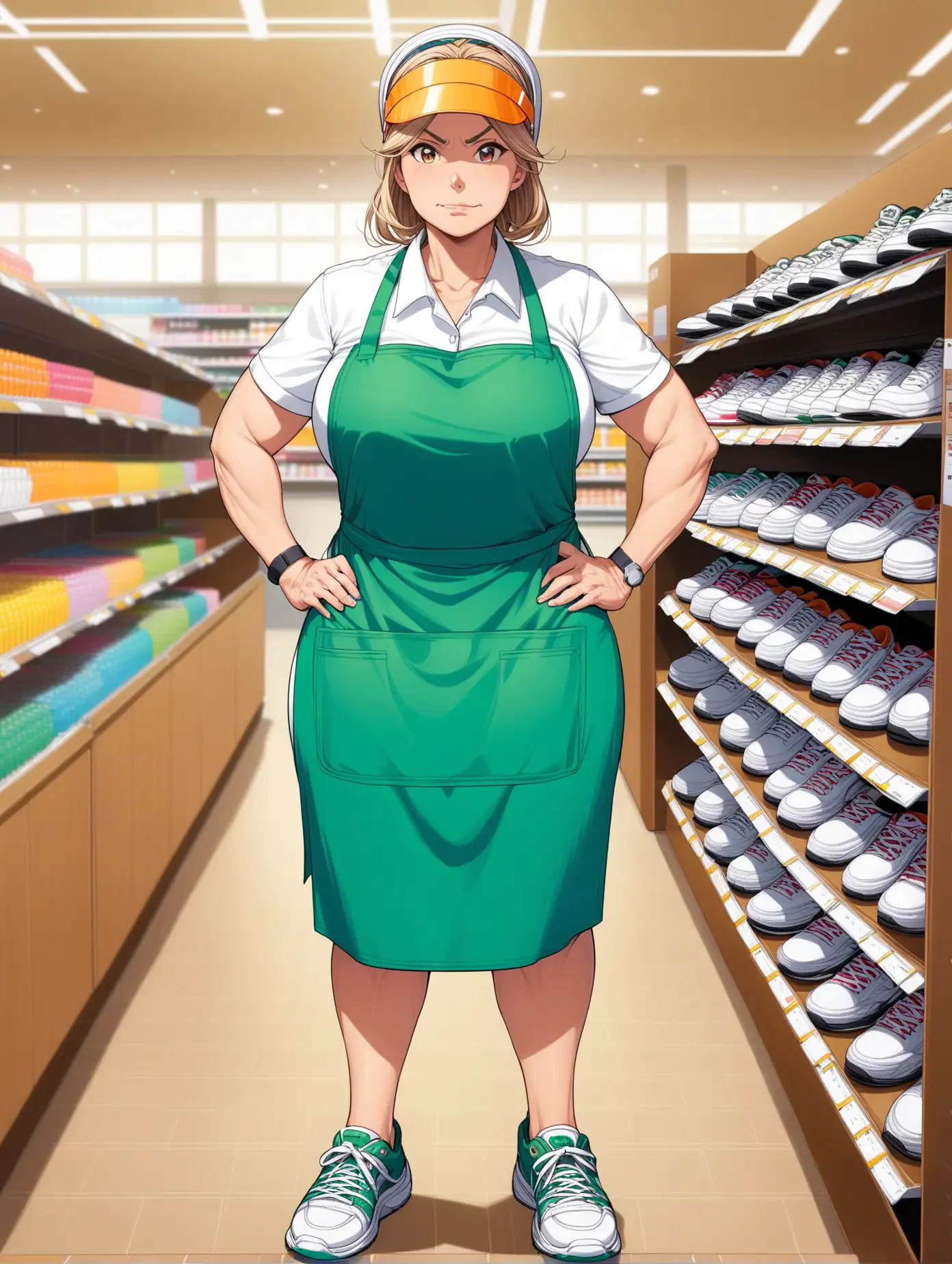 Heavyset-Adult-Woman-in-Sales-Clerk-Apron-and-Visor-Standing