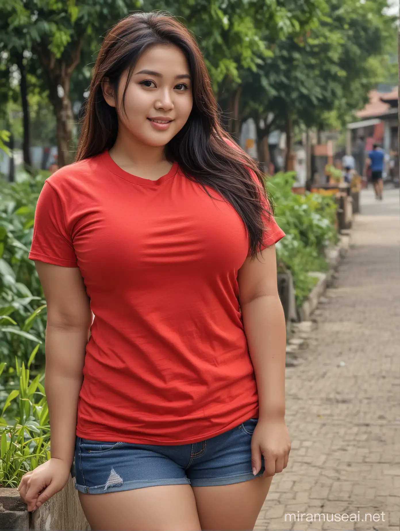 Outdoor Portrait of Beautiful Indonesian Woman with Soft Smile and Red TShirt in 32K Ultra HD