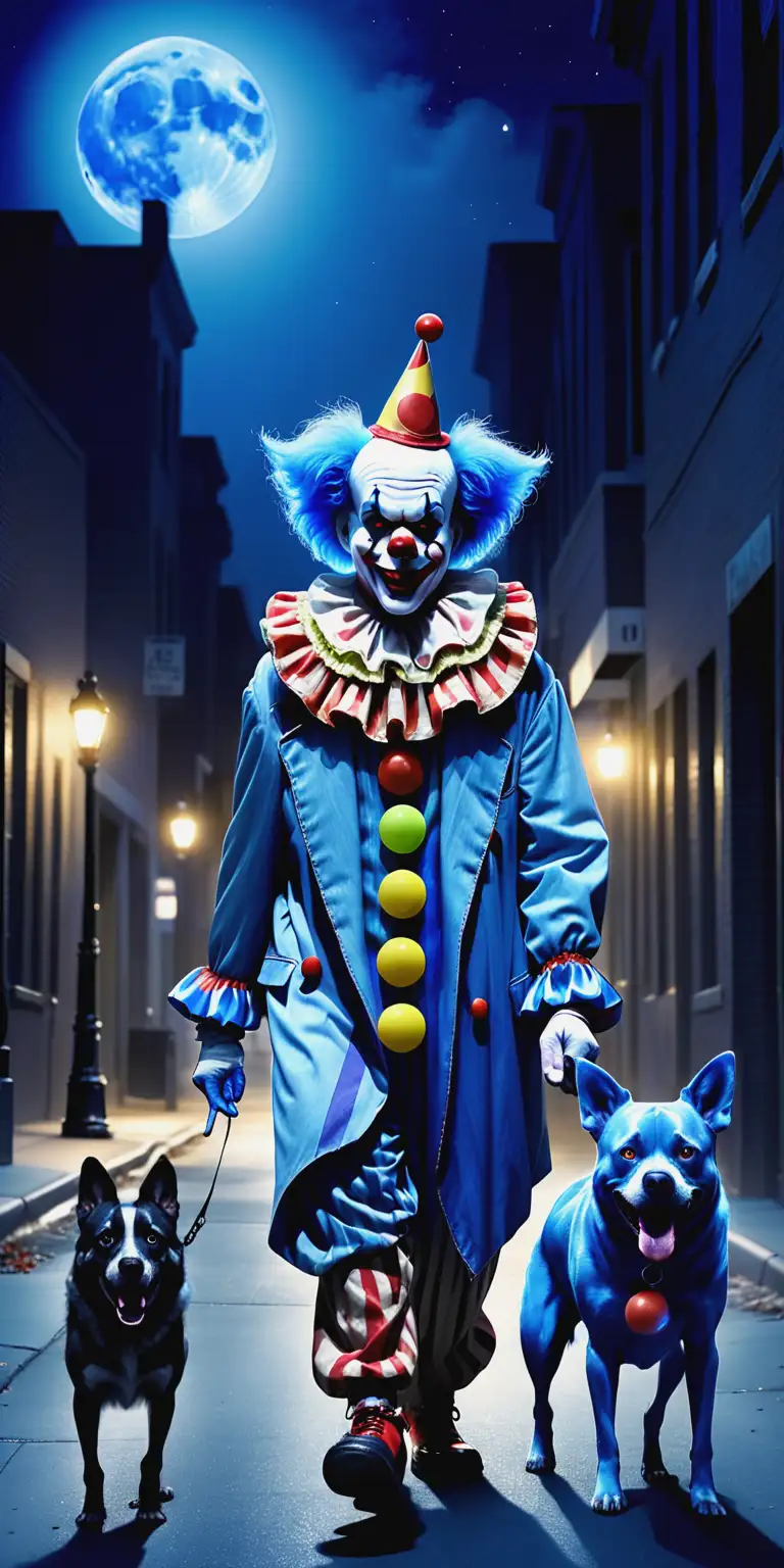 Scary clown, walking through city streets, blue moon night, with clown dog. blue street lights, blue hue