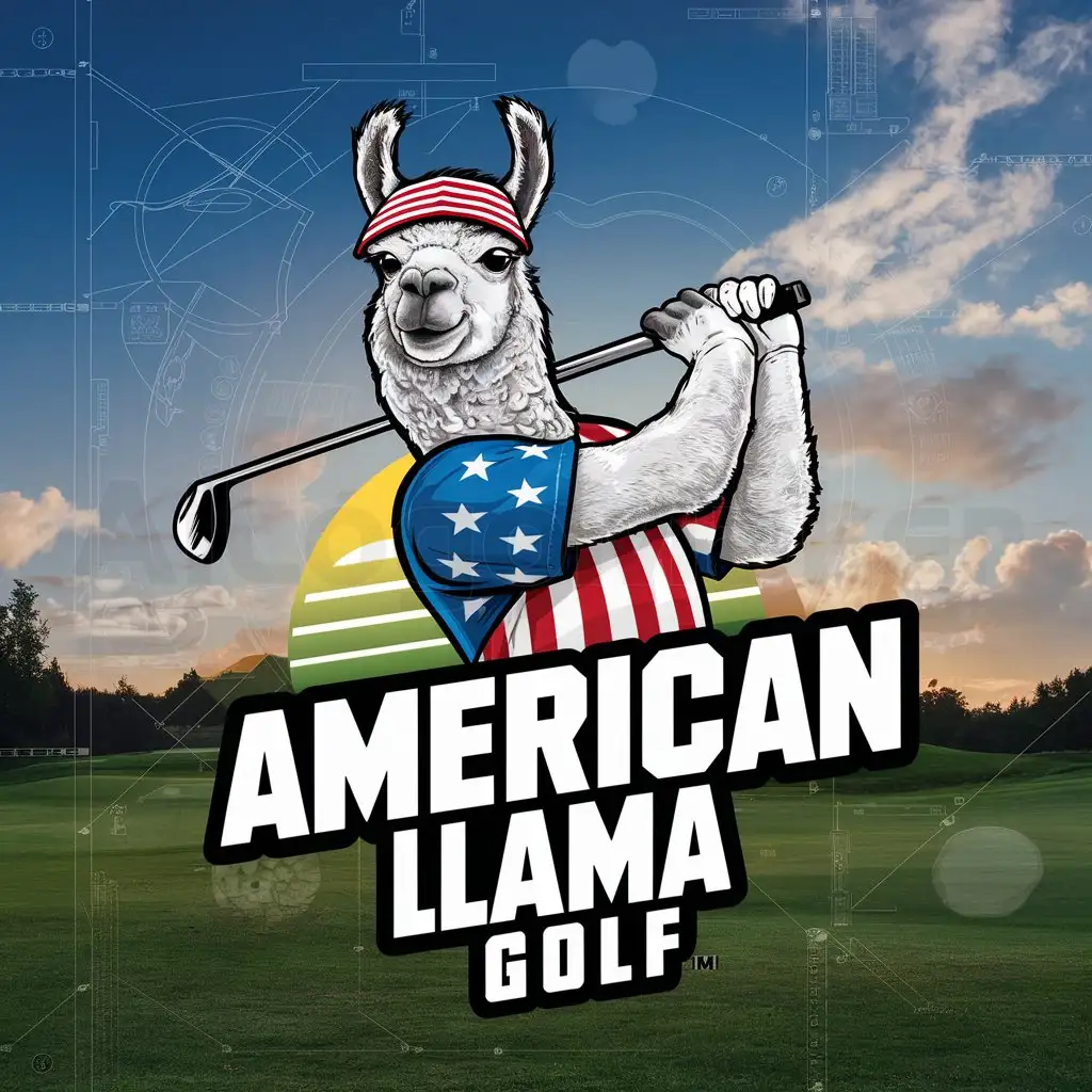 a logo design,with the text "American Llama Golf", main symbol:A Llama that is swinging a golf club and is American,complex,clear background