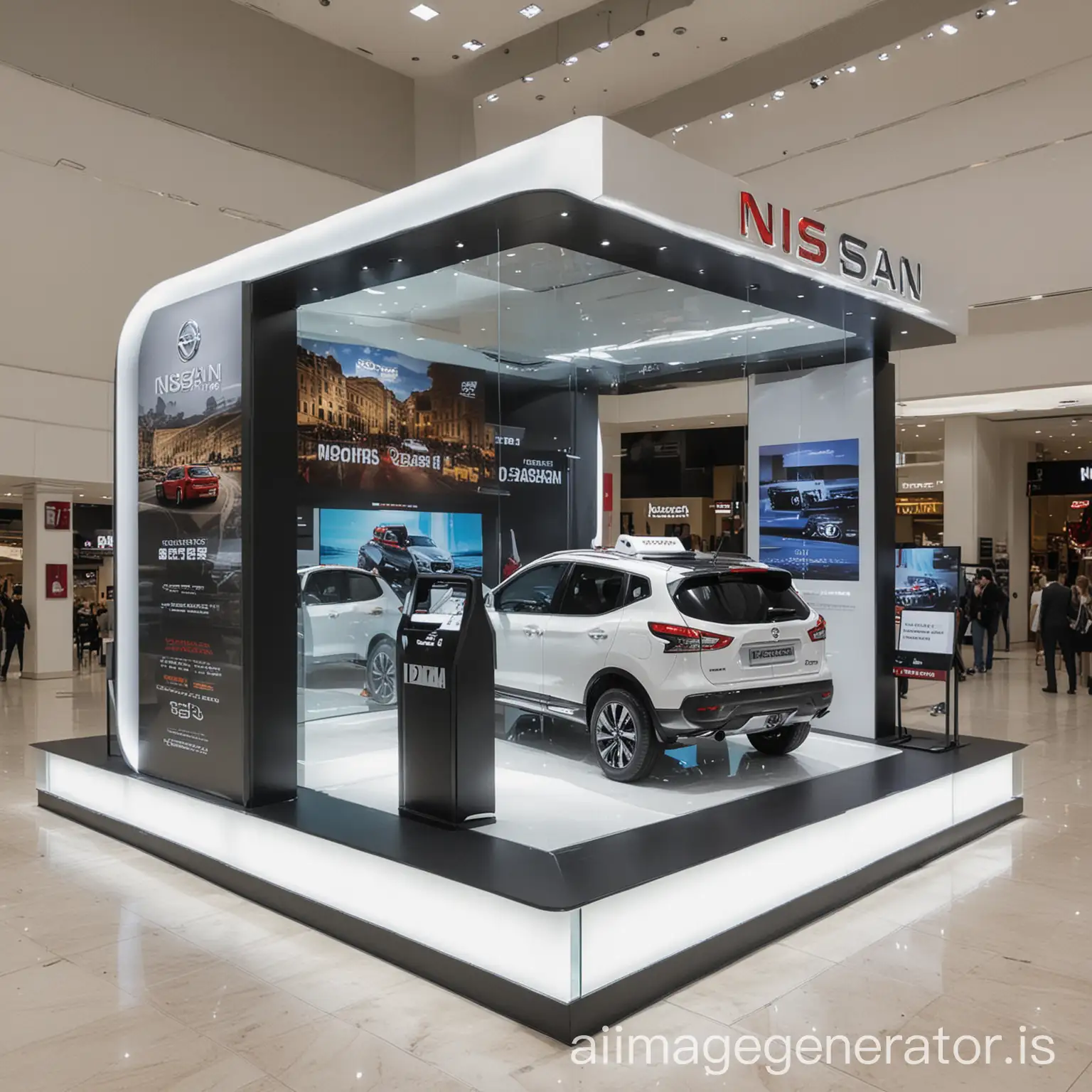  Create a booth in a shopping mall, promoting the Nissan Qashqai. Include some of the following activities and elements:• Elegant design: The booth should have an elegant and modern design that reflects the urban style of the Qashqai. Neutral colors, high-quality materials, and city-related decorative items can be used.• Interactive touchscreen: An interactive touchscreen where visitors can view information about the Qashqai, such as images, videos, and technical specifications. A game or contest can also be included for visitors to participate in.• Virtual reality zone: A small space where visitors can experience what it would be like to drive the Qashqai through the city using virtual reality technology.• Driving simulator: A driving simulator that allows visitors to experience the feeling of driving the Qashqai in different traffic situations.• Gifts and prizes: Small gifts or prizes can be offered to visitors who approach the booth, such as t-shirts, hats, or keychains.• Enthusiastic staff: The booth staff should be well-trained to answer visitors' questions and provide information about the Qashqai.