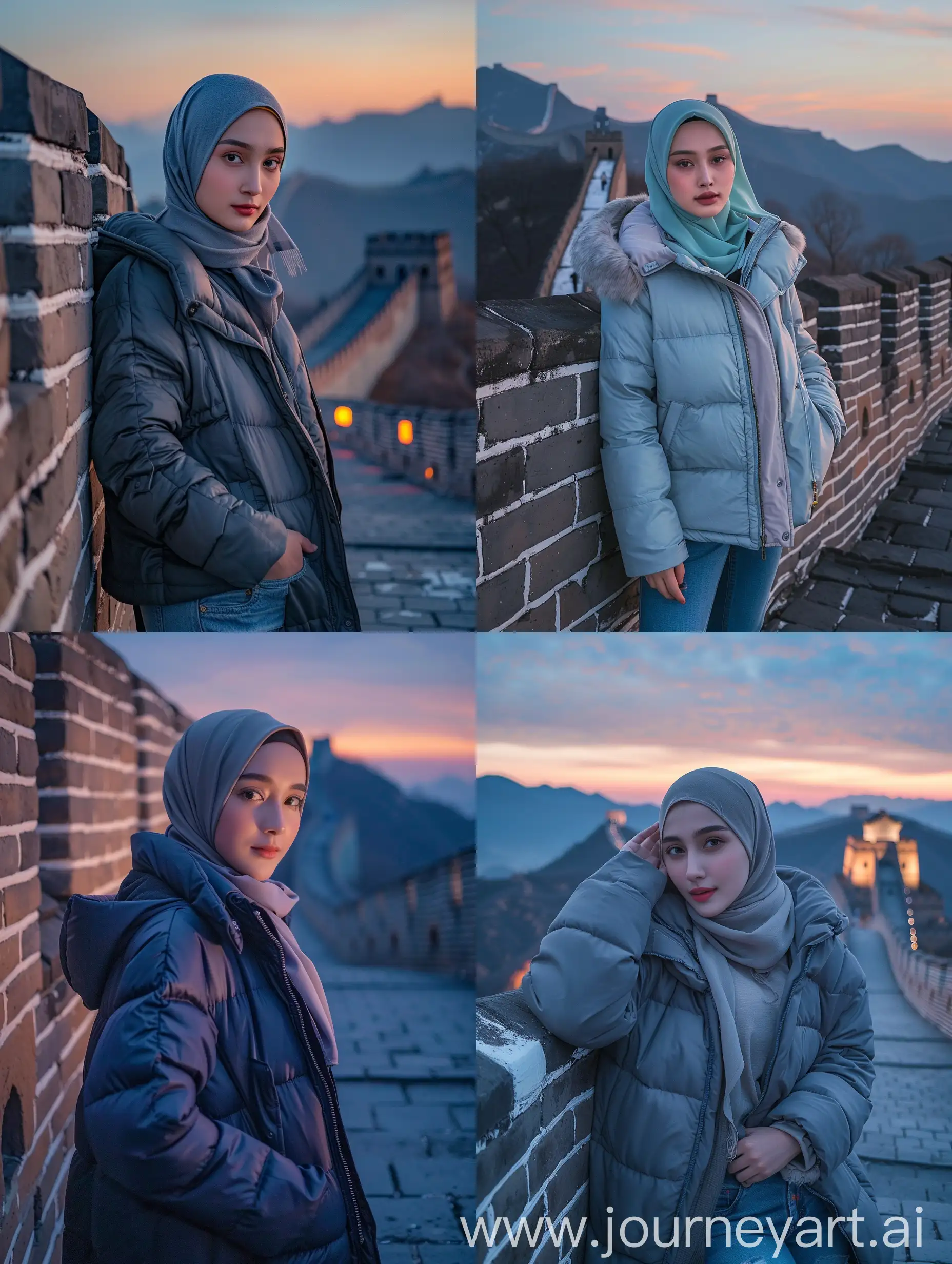 Javanese-Woman-in-Winter-Jacket-Poses-on-Great-Wall-at-Sunset