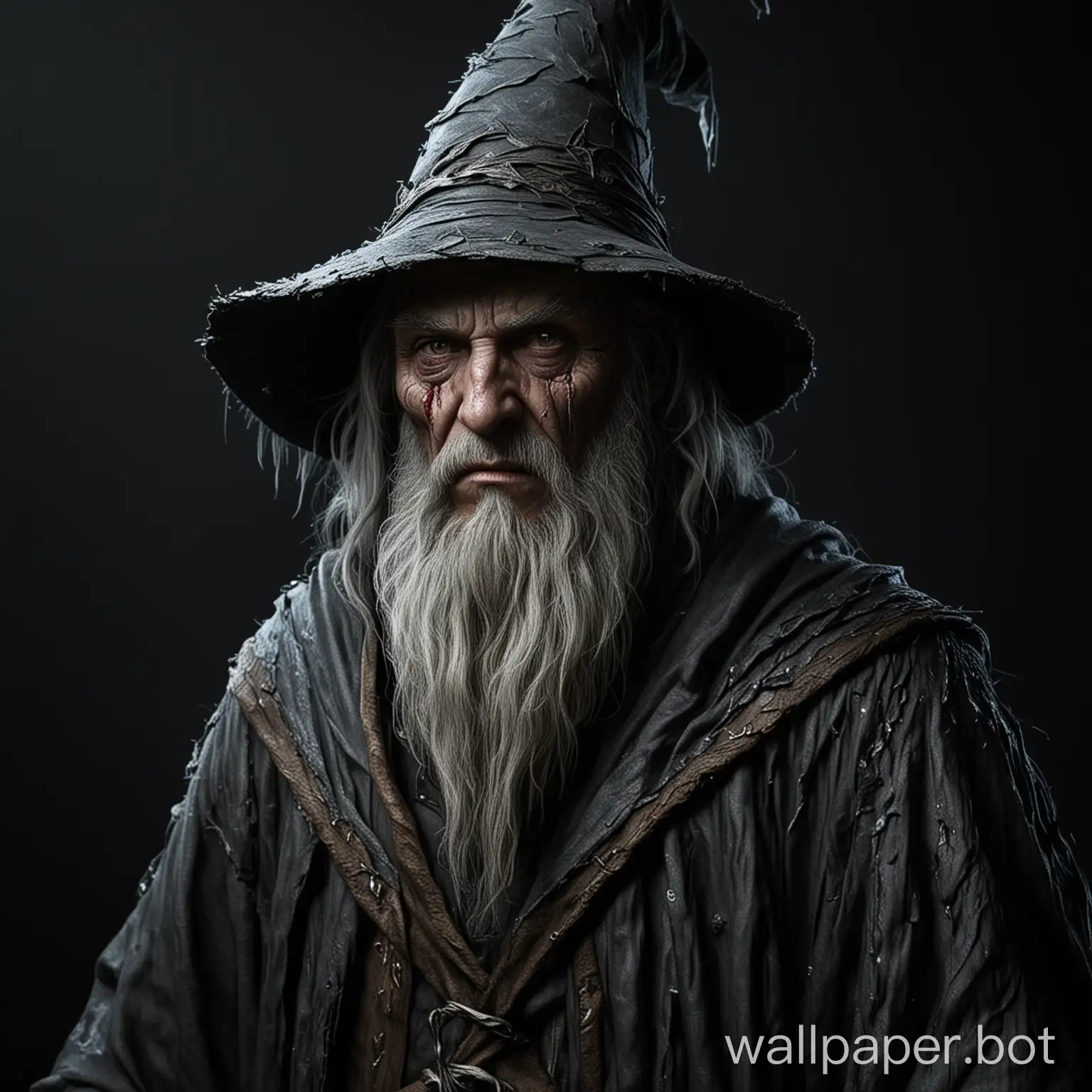 Draw a fantasy very weak, scarred wizard on a black background