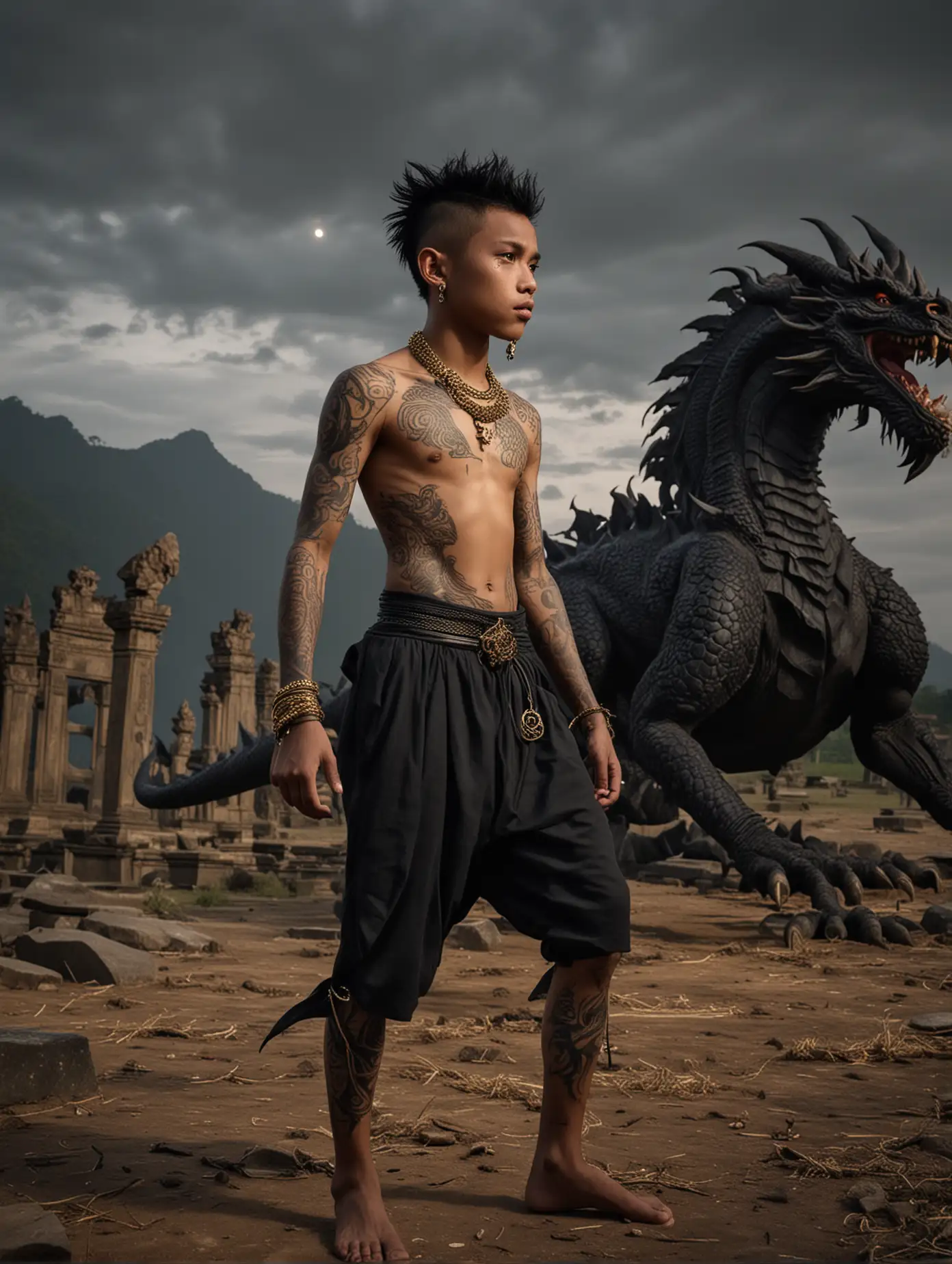 a 15 year old Indonesian boy with a bare chest, body full of tattoos, black mohawk hair, dark skin color, wearing black cloth and gold jewelry fighting with a giant black dragon in a field of temple ruins at the foot of a mountain at night