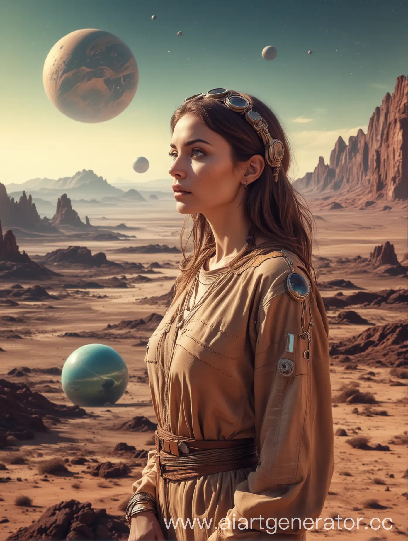 sci-fi винтажный дизайн, красивая женщина на чужой планете смотрит в даль, пустынный пейзаж на фоне небольшая планета, девушка в одежде стиля 80-х хиппи 