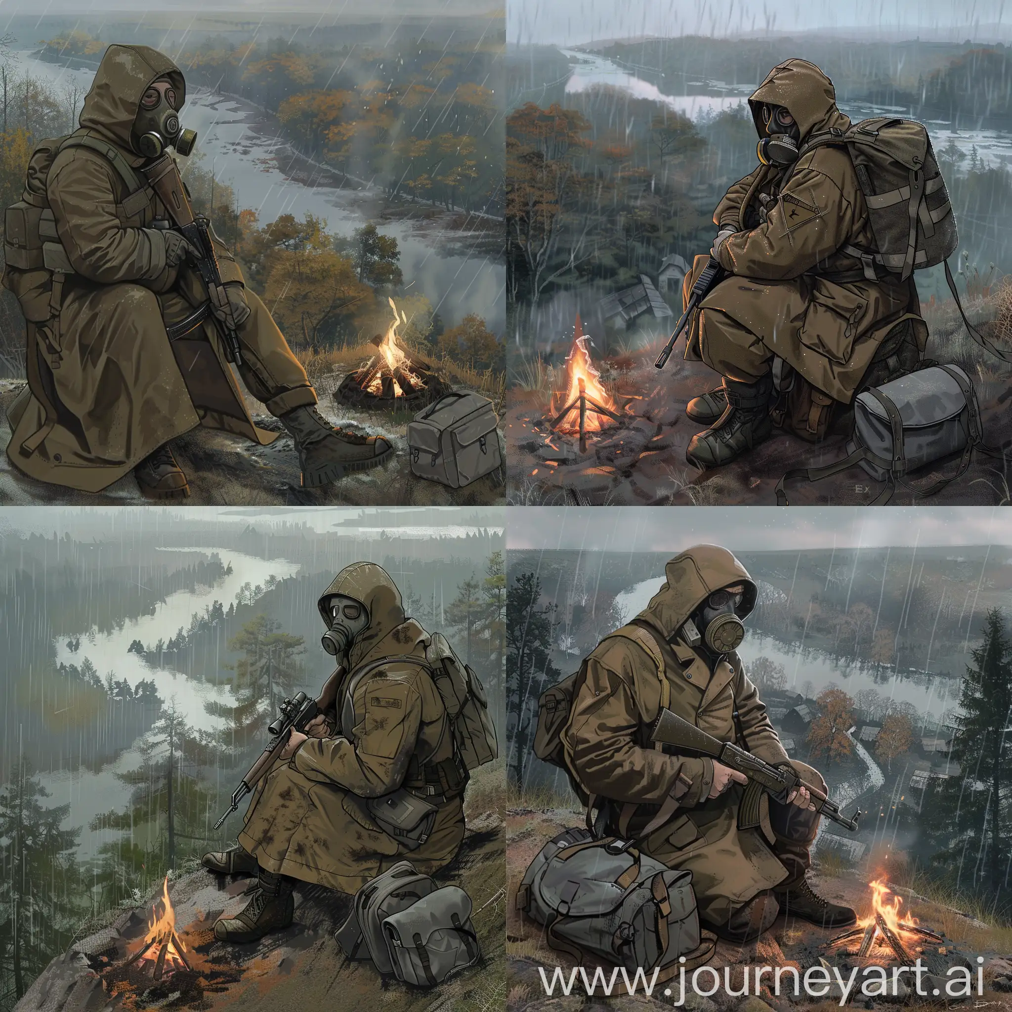 Stalker art, stalker are sitting on a hill by a campfire, stalker is wearing a military dirty brown raincoat with a gasmask on his face, he has a rifle in his hands, a small gray backpack lies next to him, the weather is gloomy autumn rain, from the hill, where the stalker are sitting, there is a view of the forest and an abandoned swamp village standing in the distance.