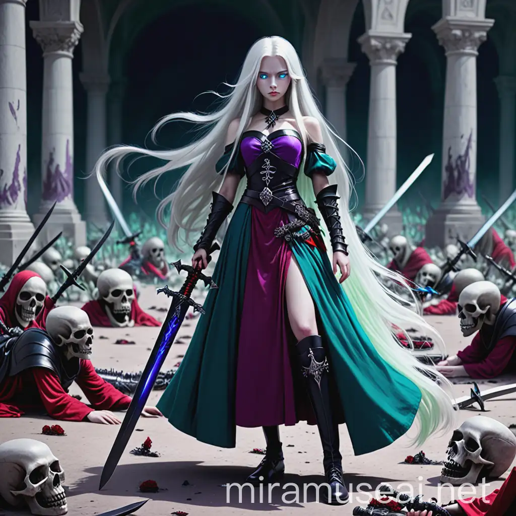 Fantasy Warrior Girl with White Hair and Red Sword Amidst Battlefield Carnage