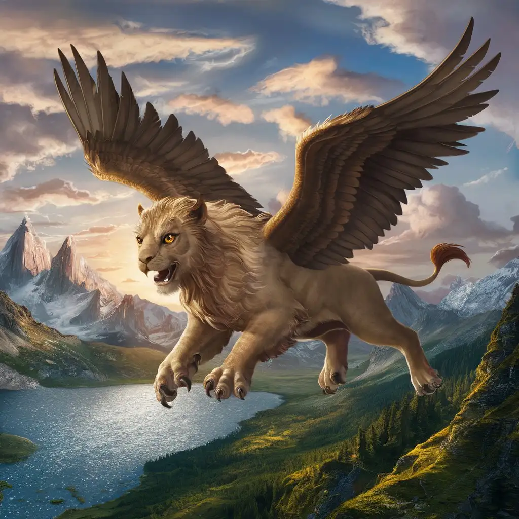 A mythical creature with the head and wings of an eagle and the body of a lion, soaring through a fantastical landscape.