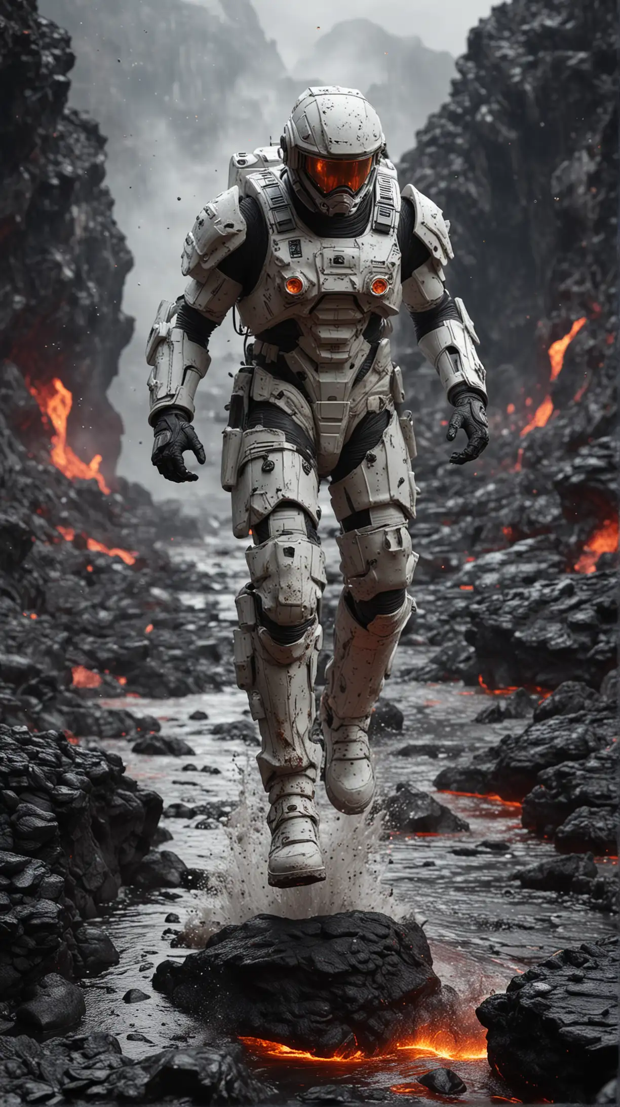 Hyper-realistic, close-up, A space soldier in white runs in a dynamic pose over stones that are almost buried in lava, Dynamic jumping pose, There is lava everywhere in the background, Everything is flooded with lava, There is a river of lava underfoot