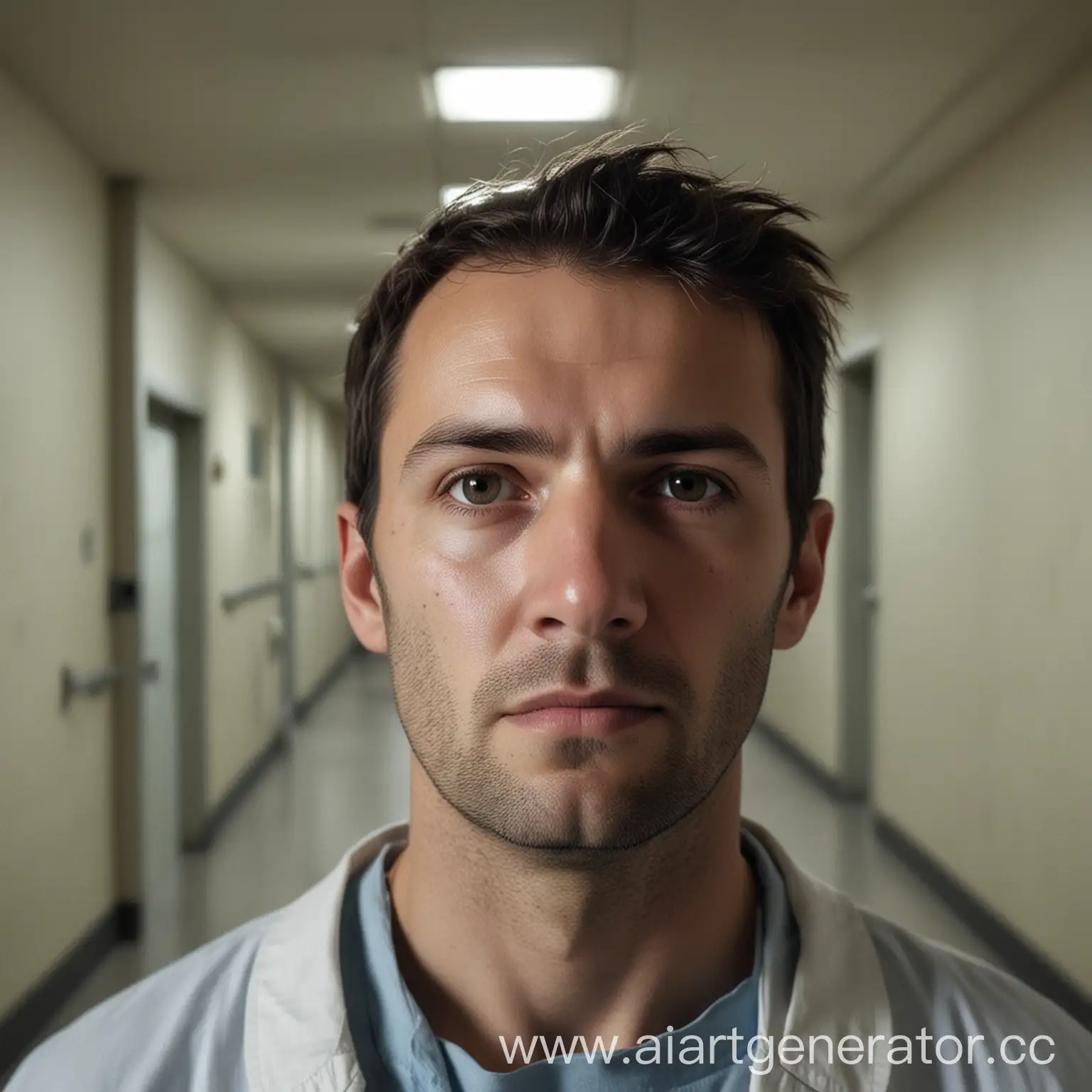 Сгенерируй лицо человека(мужчины), который смотрит в камеру на проходной в больнице