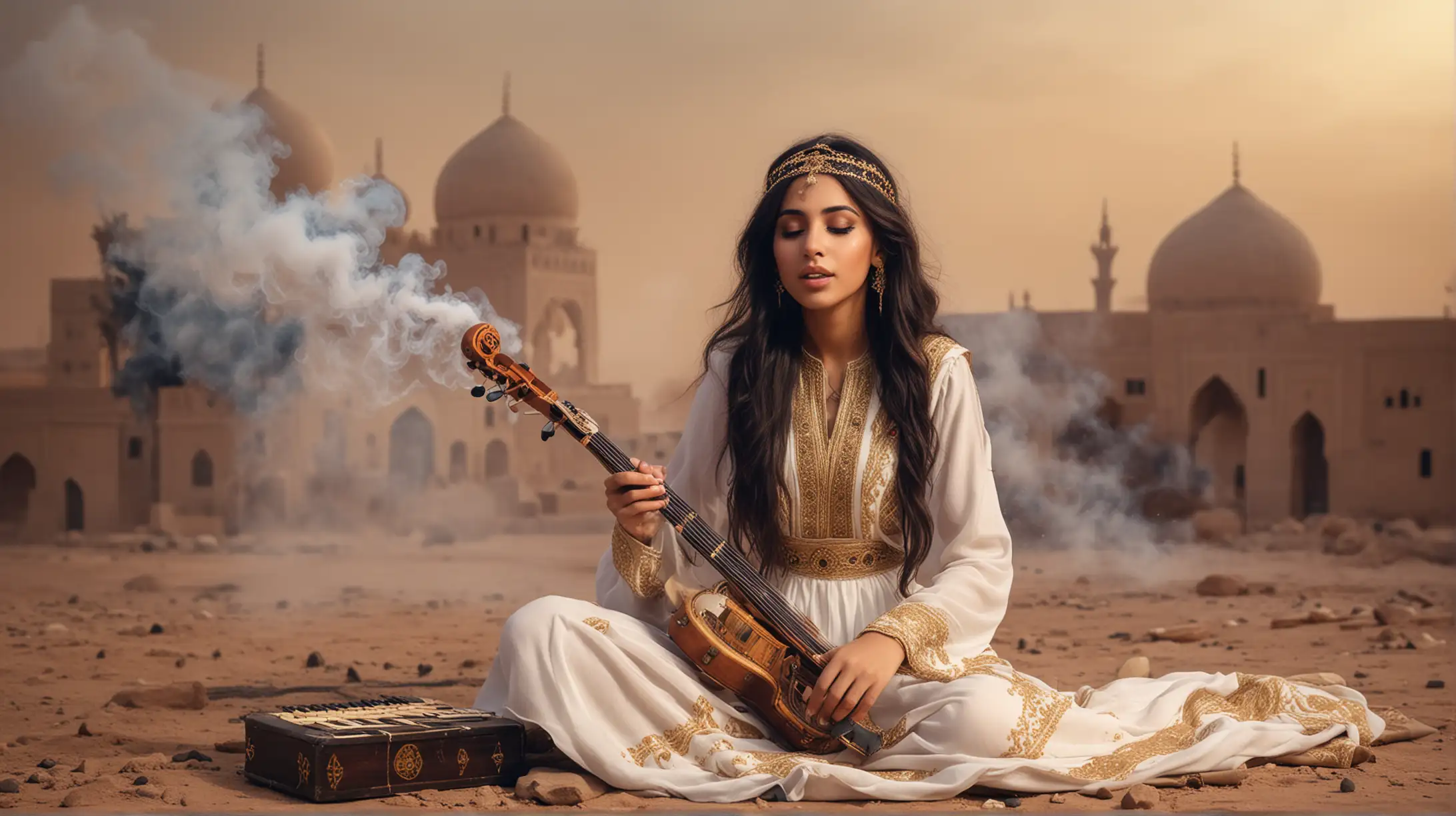 Arab princess sits on the ground and plays a musical instrument, against the backdrop of smoke and Arabic nature