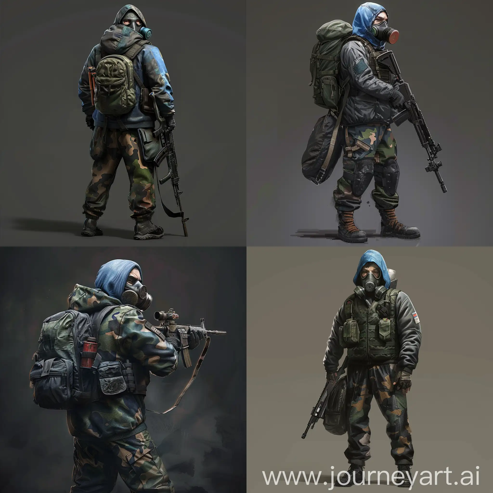 Stalker from the game "STALKER", a camouflage military jumpsuit, a gasmask on his face, a small military backpack on his back, military unloading on his body, a sniper rifle in his hands.