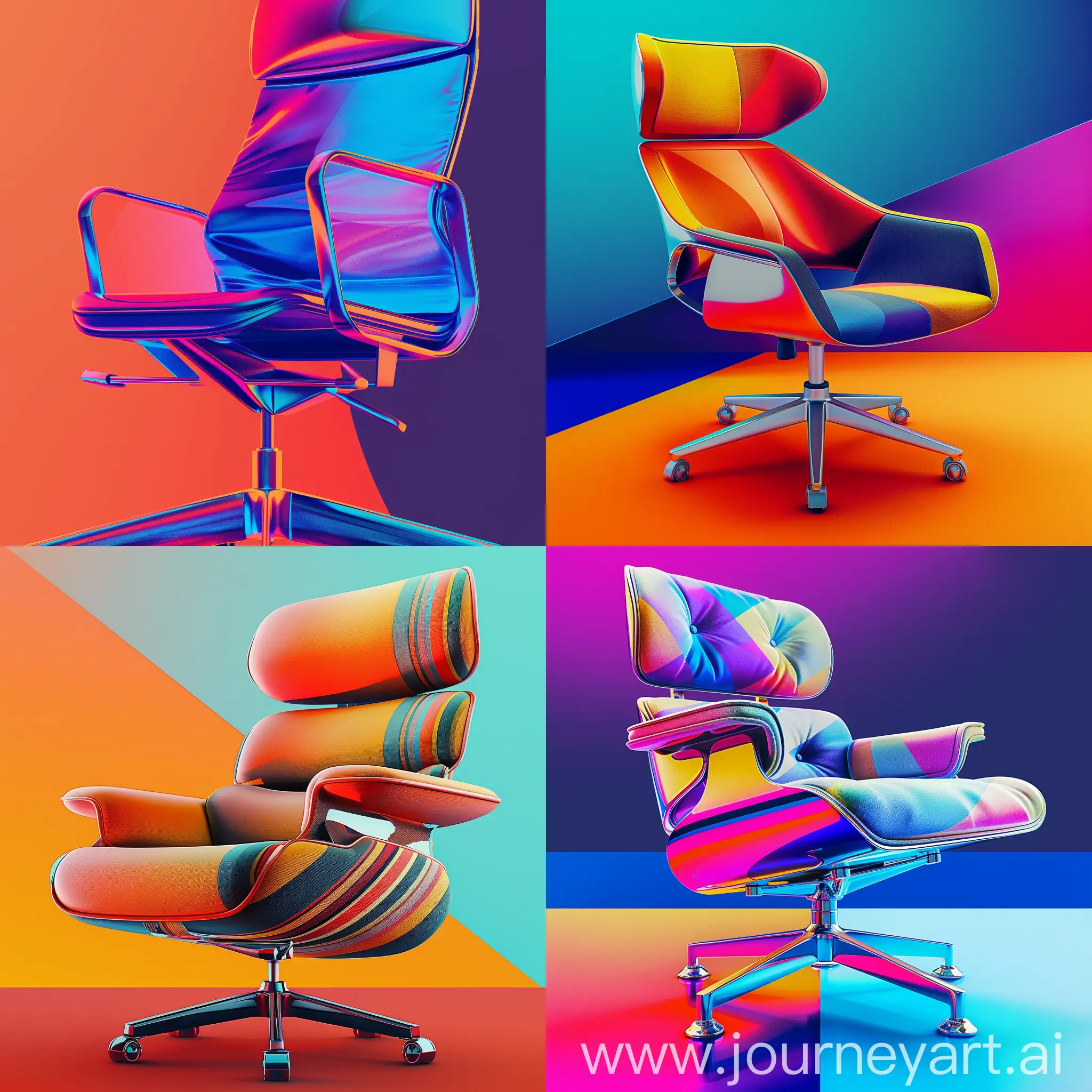 Generate an anamorphic digital image representing 'Most Comfortable Desk Chairs'. Highlight the comfort and ergonomics of desk chairs in a striking and professional manner. Use vibrant colors and contrasts to emphasize design details and functionality. Experiment with anamorphic perspectives and distortions to create an optical illusion reinforcing the feeling of comfort. The image should convey a sense of modernity and elegance, with graphic elements suggesting the well-being and productivity these chairs offer