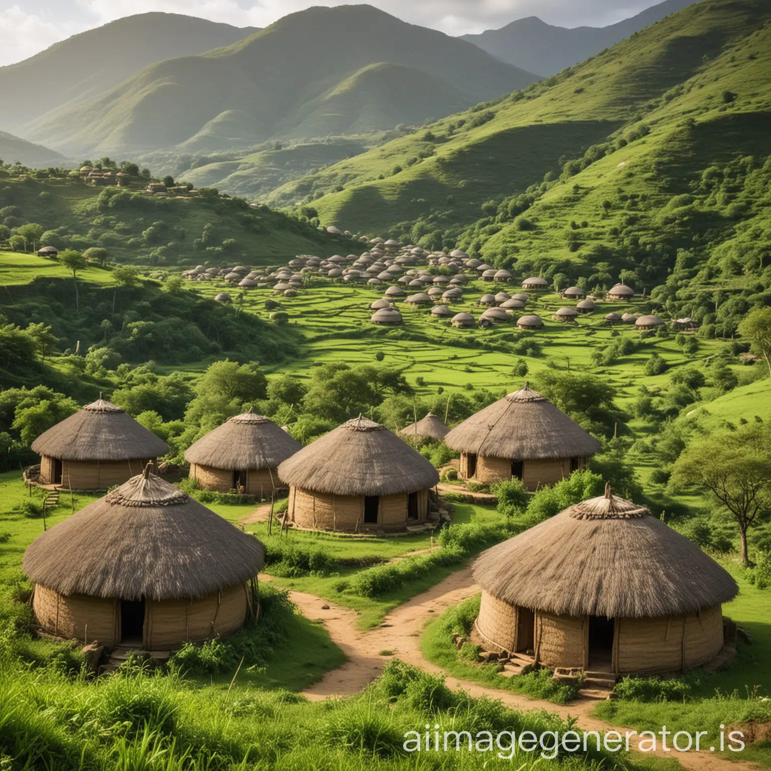 A beautiful Shona village with traditional round huts, lush green hills in the background