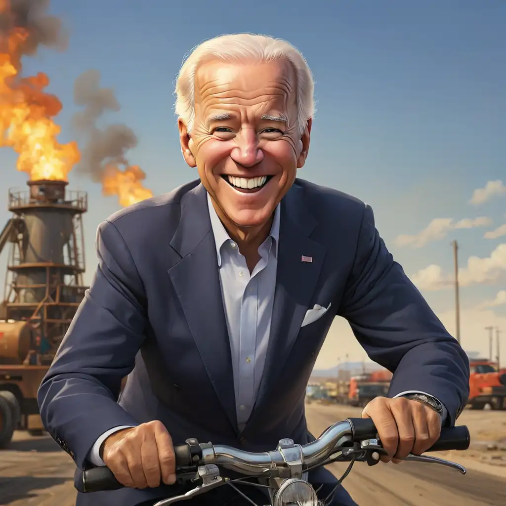 Joe Biden in caricaturistic smiling at the camera  and a big gas oil