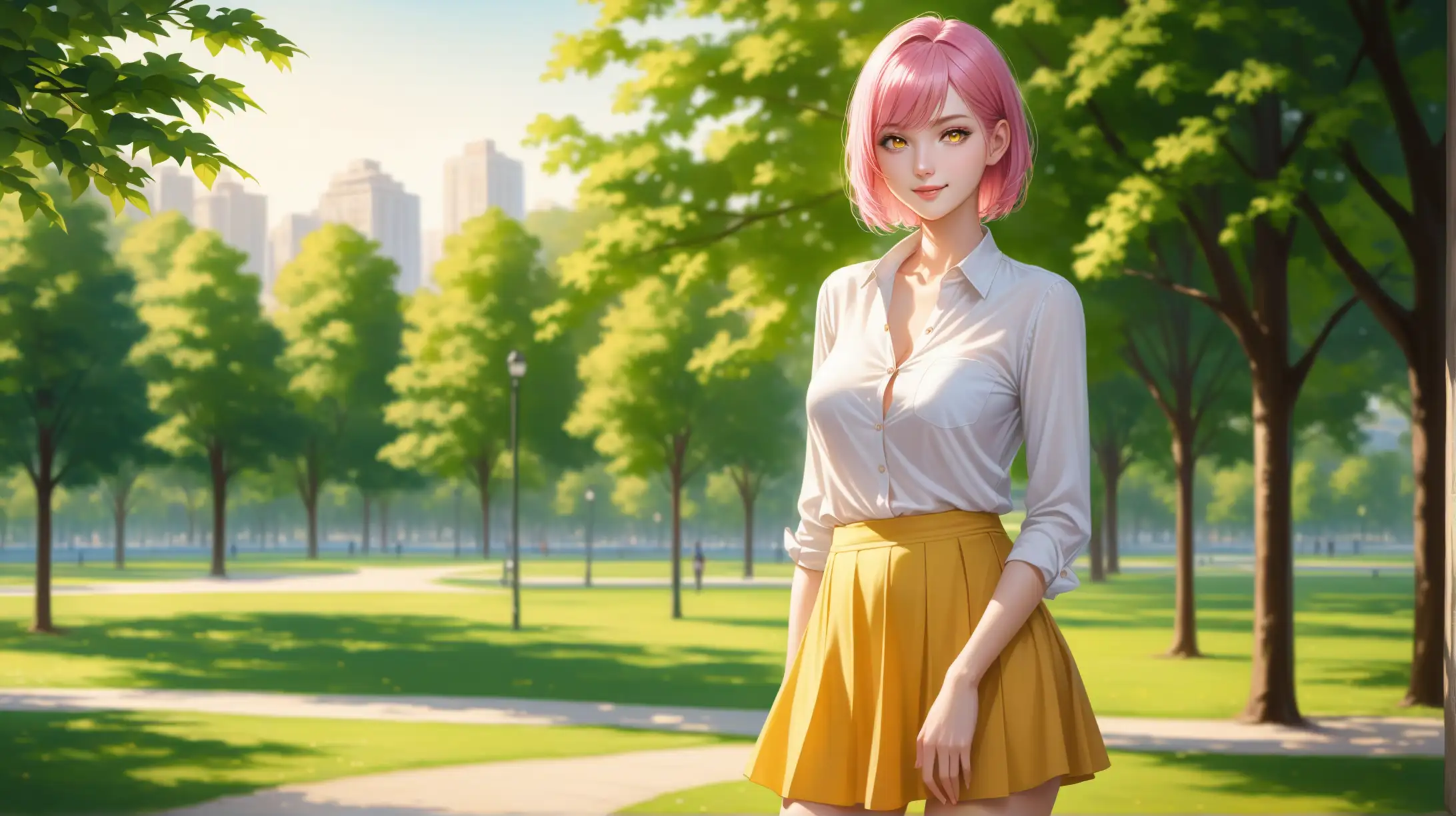 Draw a woman, short pink hair, yellow ringed eyes, slender figure, high quality, realistic, accurate, detailed, long shot, full body, outdoors, park, natural lighting, button up blouse, yellow skirt, seductive pose, smiling toward viewer