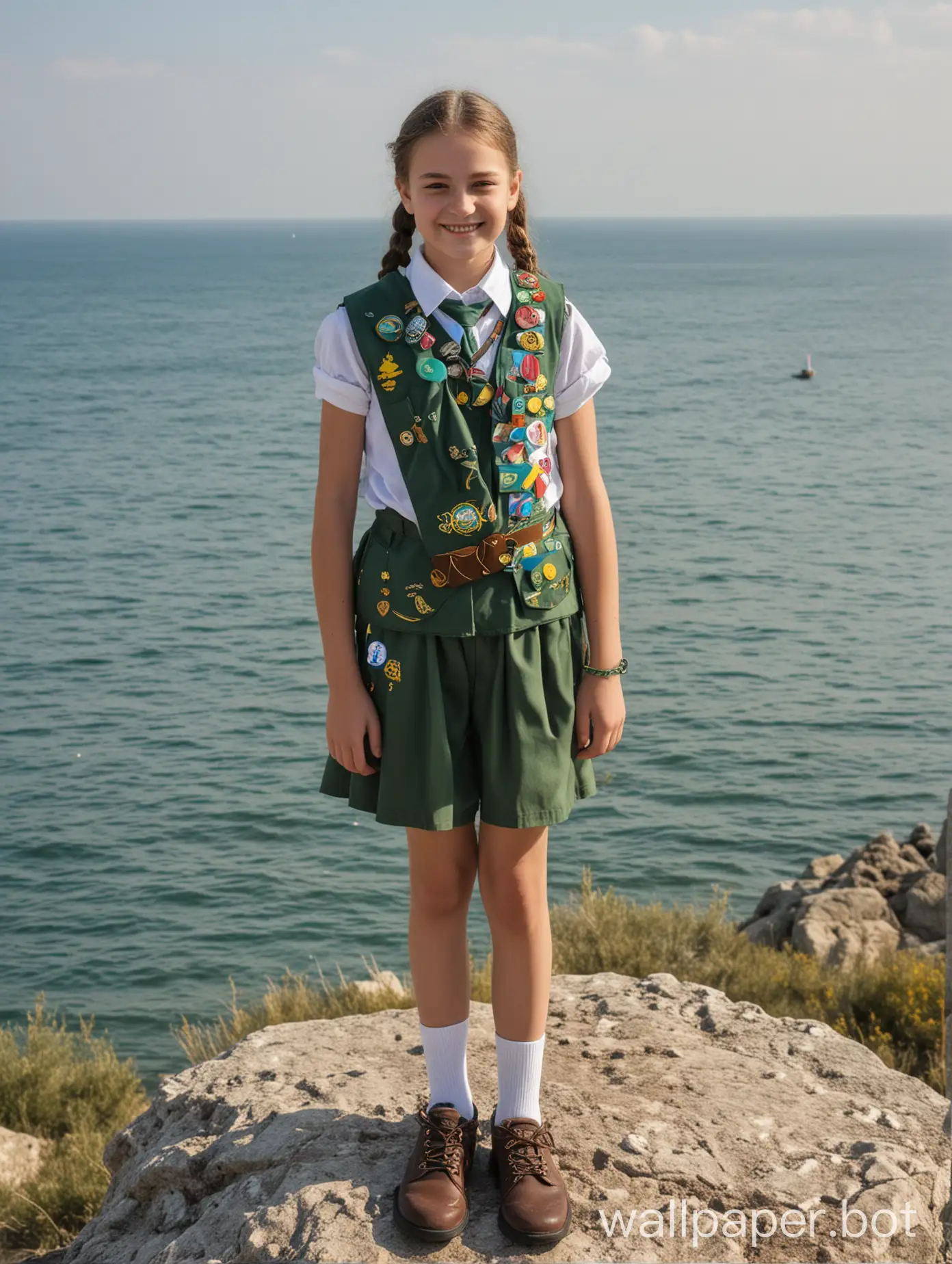 Crimea, sea view, 11-year-old girl scout, full height, smile