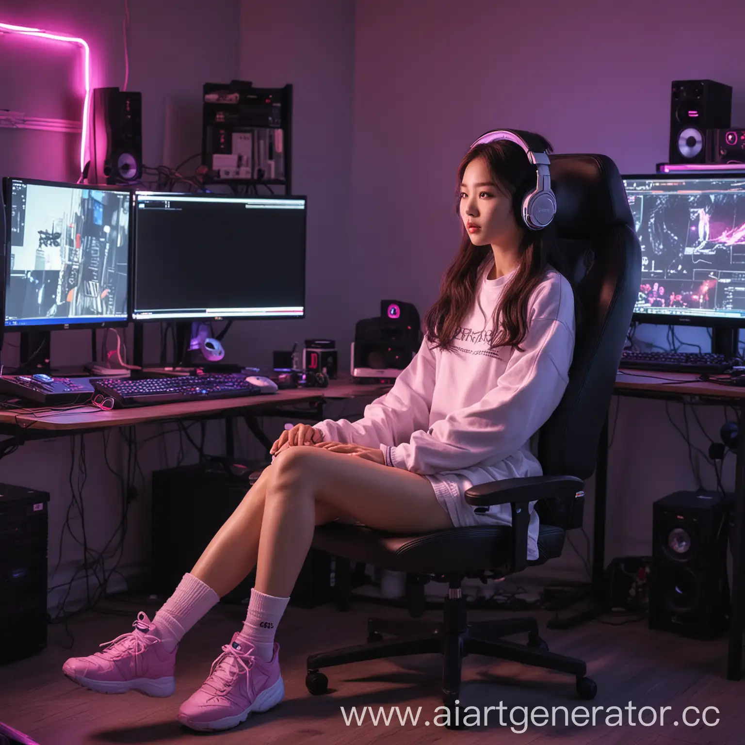 Neon-Gaming-Setup-Korean-Girl-Listening-to-Music-in-Socks