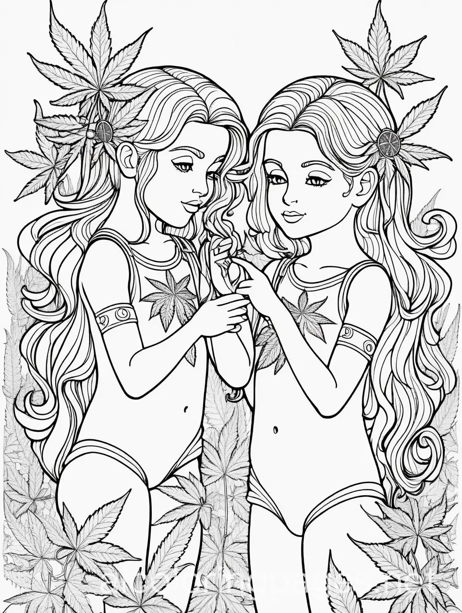 gemini cannabis fantasy, Coloring Page, black and white, line art, white background, Simplicity, Ample White Space. The background of the coloring page is plain white to make it easy for young children to color within the lines. The outlines of all the subjects are easy to distinguish, making it simple for kids to color without too much difficulty
