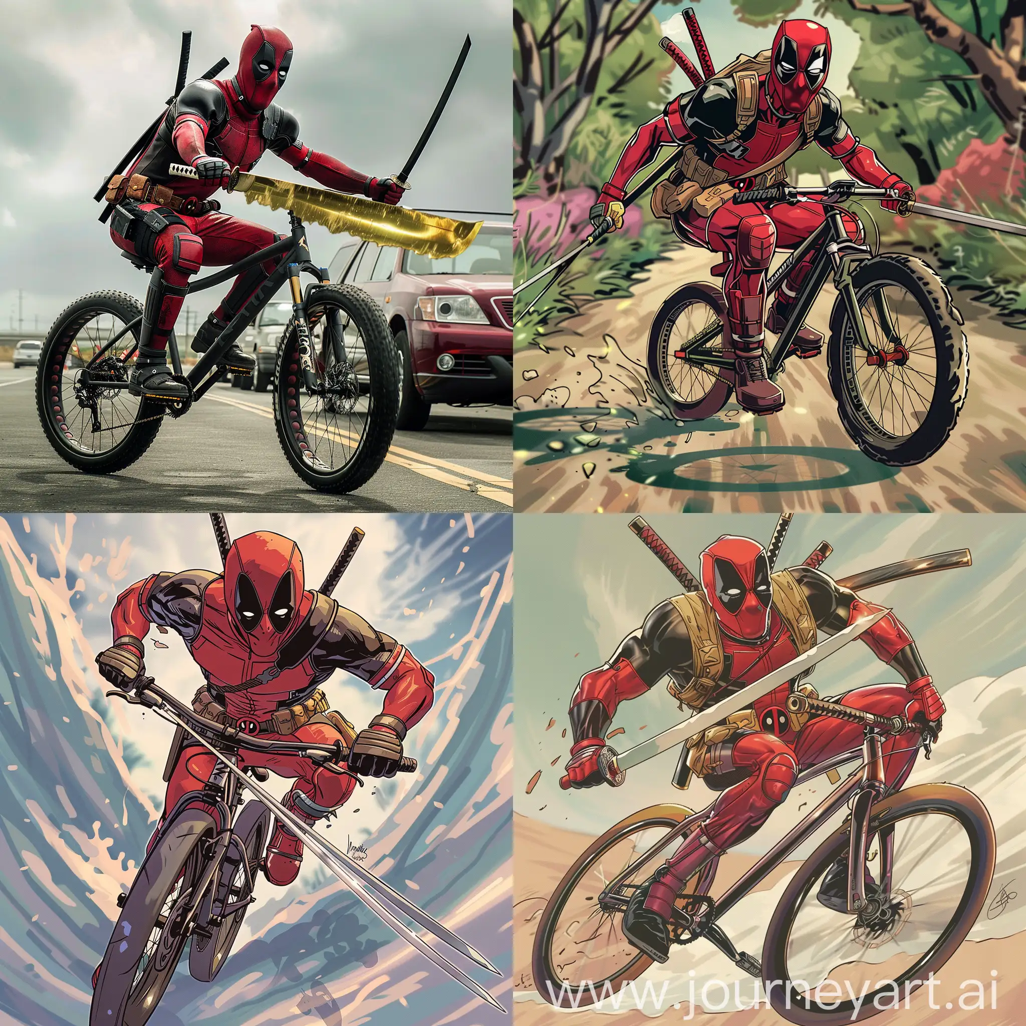 deadpool riding a bike with samurai katana