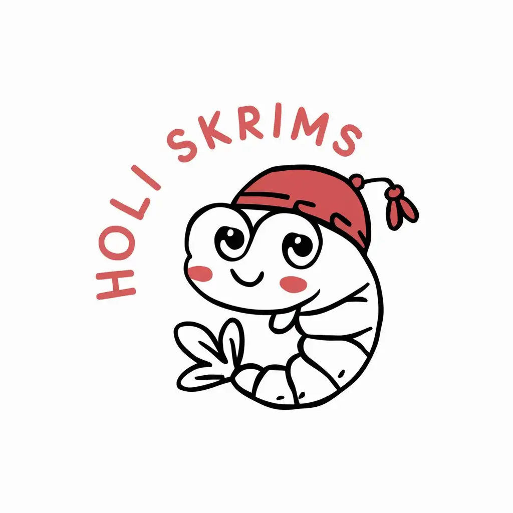 a logo design,with the text "Holi Skrimps", main symbol:Anime Style Shrimp Logo Design. engaging logo for my pet shrimp website. The logo should be an anime-style character drawing of a shrimp. And also have the words Holi Skrimps above the logo designnKey Details: - The design should be simple and minimalist, while still capturing a cute and playful essence.n- the color red, I'd like to see this incorporated into the logo.,Minimalistic,be used in pet shrimp website industry,clear background