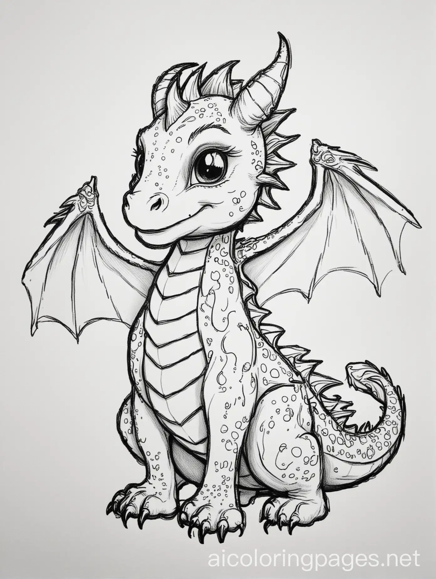 dragon, black and white, line art, coloring page, not realistic, easy to draw, cute, Coloring Page, black and white, line art, white background, Simplicity, Ample White Space. The background of the coloring page is plain white to make it easy for young children to color within the lines. The outlines of all the subjects are easy to distinguish, making it simple for kids to color without too much difficulty