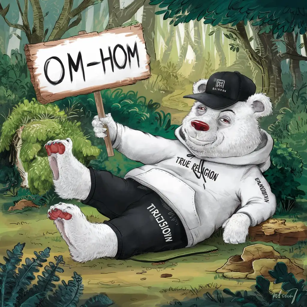 надпись om-nom на табличке в лесу с белым медведем в черной кепке и белой худи true religion