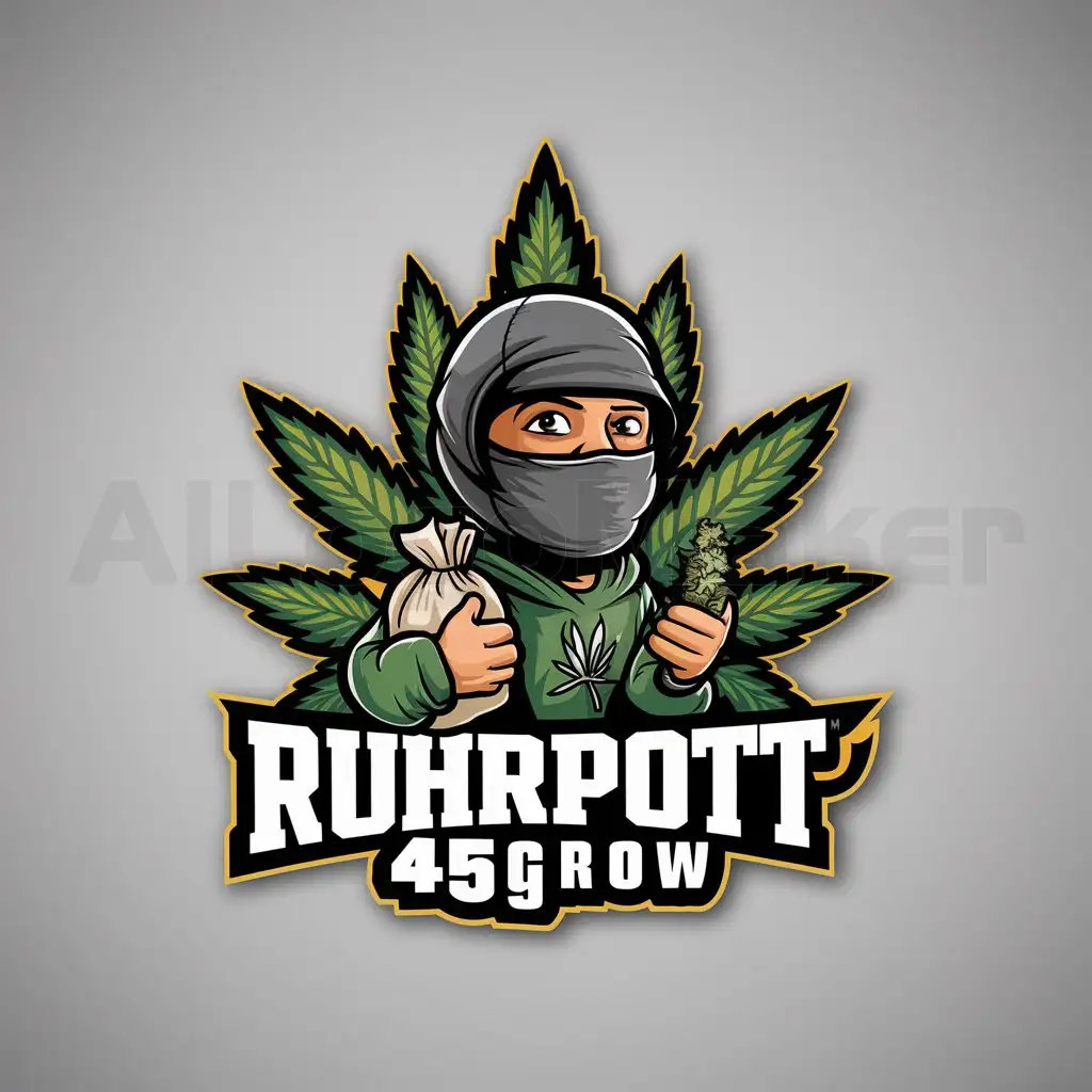a logo design,with the text "ruhrpott45grow", main symbol:A highly detailed weed inspired background with a cartoon character wearing a balaclava holding a bag of weed and a joint,Moderate,be used in Others industry,clear background