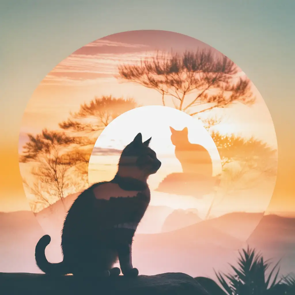 Dubbelexponering katt och soluppgång 