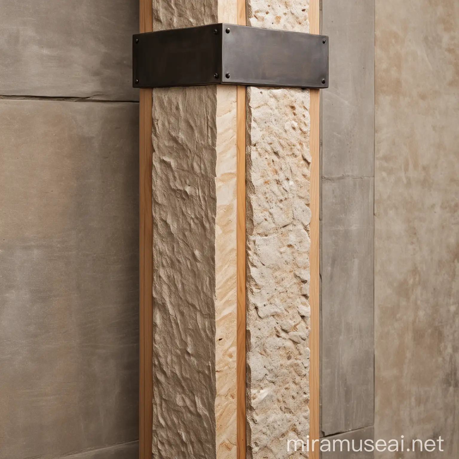 create an image of an architectural column detail with stone and timber and metal trim in a sleek and polished style with interesting joints