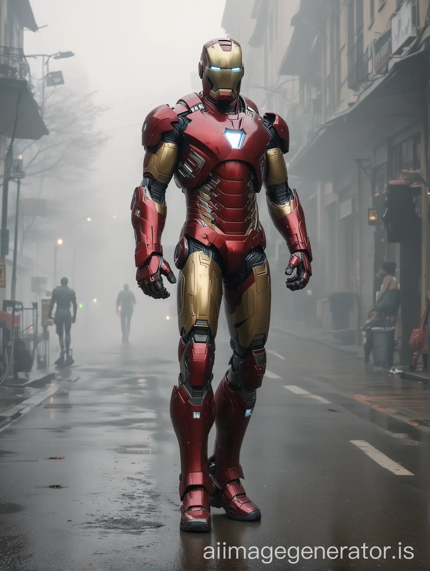Ironman suit, serious face, full body from feet to head, 8k photography, high resolution, in foggy street as background