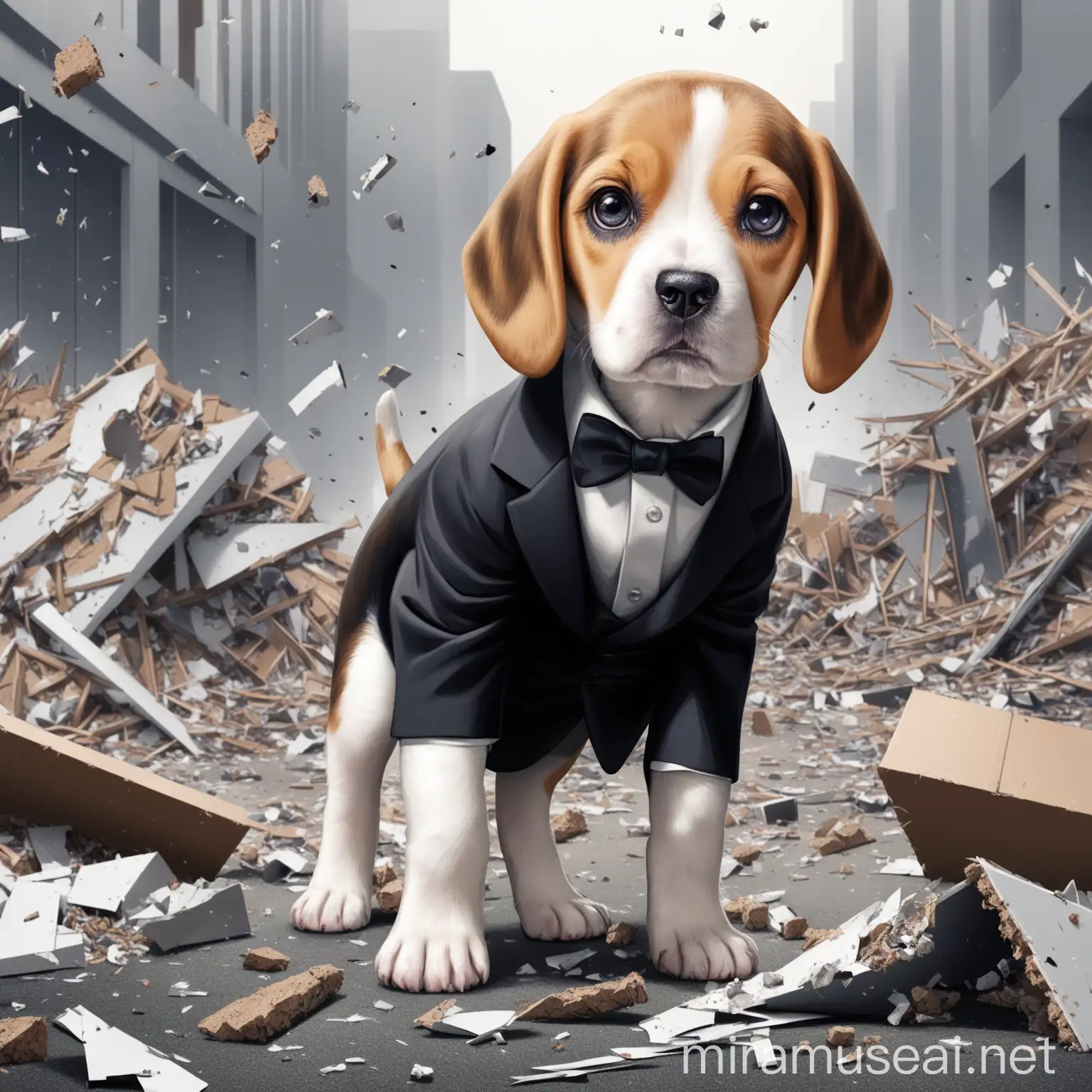 BROKE BEAGLE PUPPY IN SUIT STANDING UP WITH CONTINOUS HOARDING DEBRIS