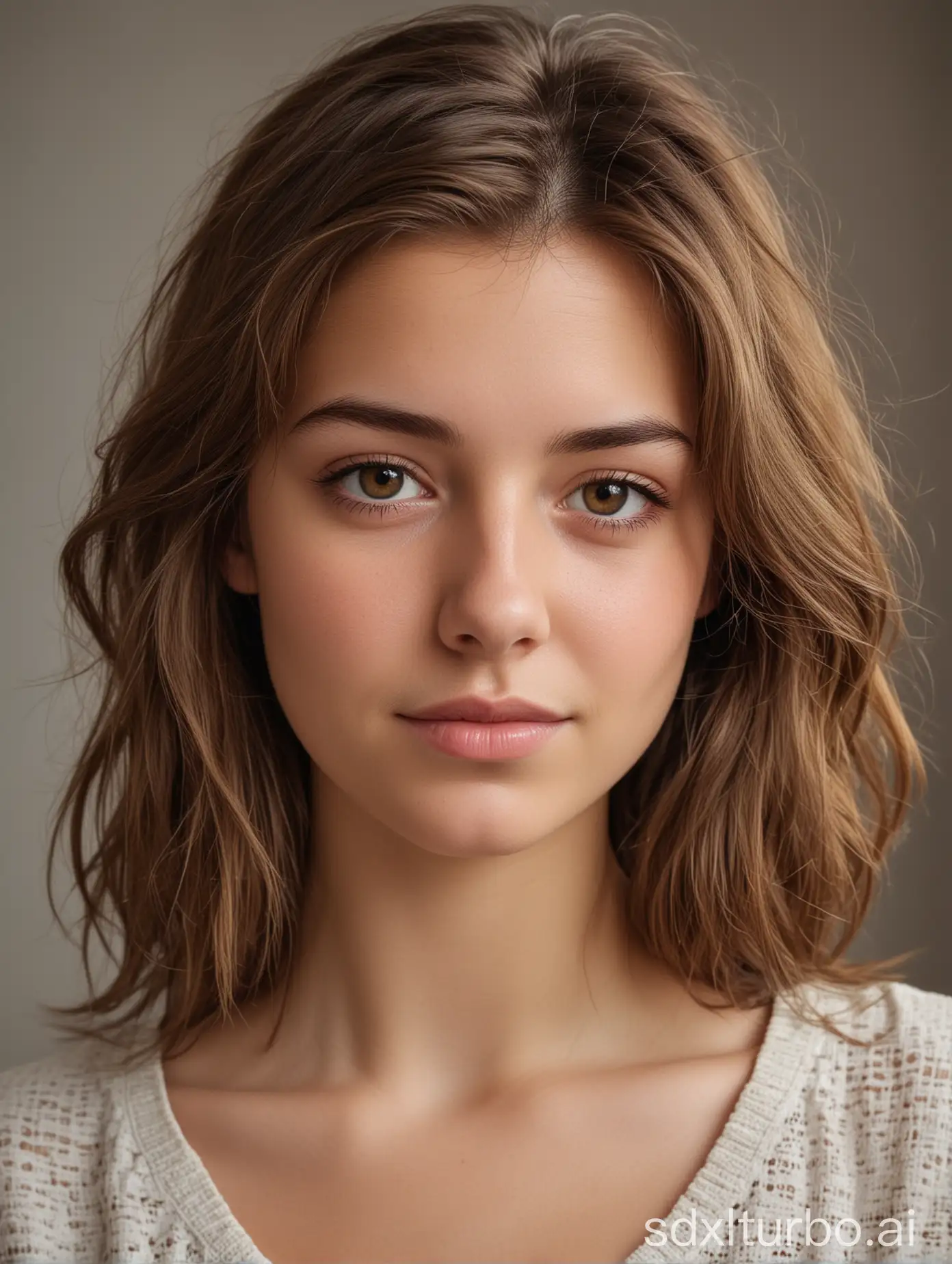 young woman, medium brown hair, portrait, close up