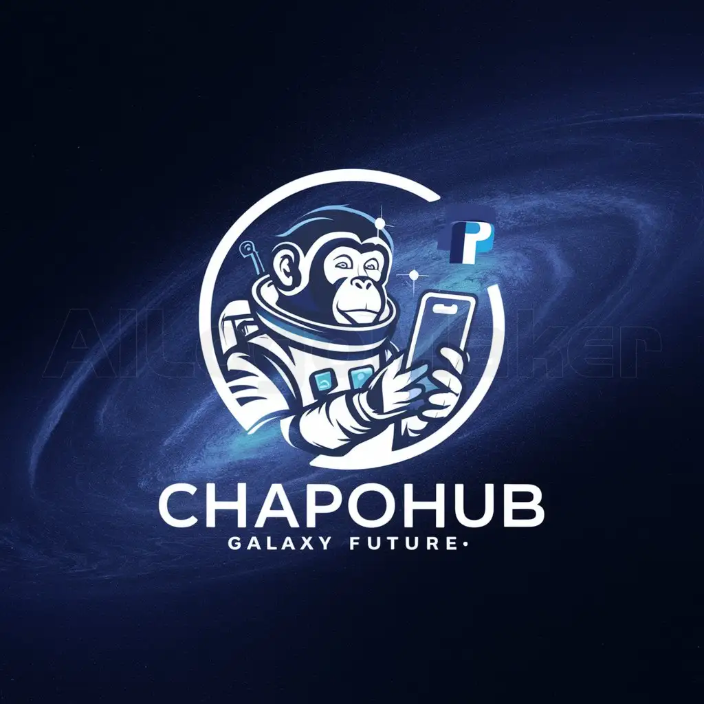 a logo design,with the text "chapoHUB", main symbol:GALAXY FUTURE BACKGROUND WITH A MONKEY USING PAYPAL ON HIS PHONE,complex,be used in Others industry,clear background