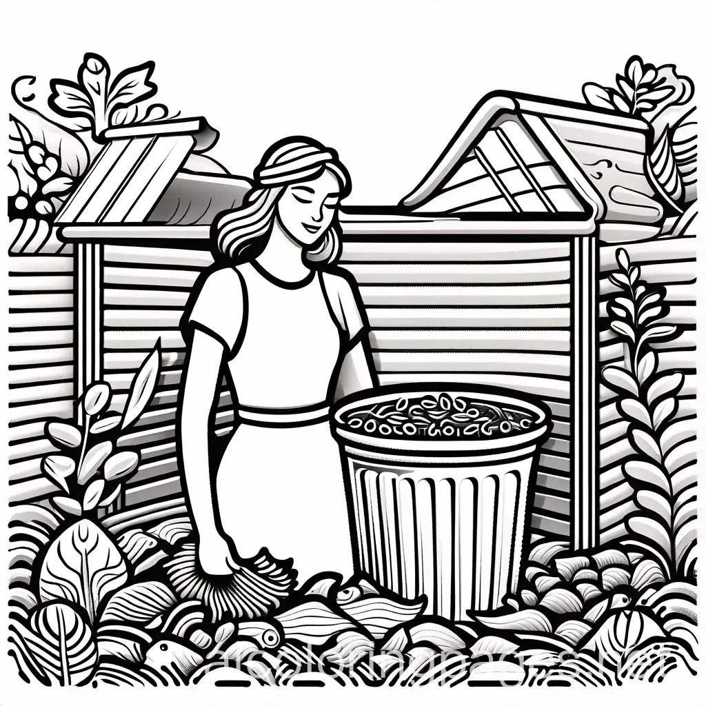 women composting icon, Coloring Page, black and white, line art, white background, maximal simple, Ample White Space. The background of the coloring page is empty, only some objects, outline, bold lines, Coloring Page, black and white, line art, white background, Simplicity, Ample White Space. The background of the coloring page is plain white to make it easy for young children to color within the lines. The outlines of all the subjects are easy to distinguish, making it simple for kids to color without too much difficulty