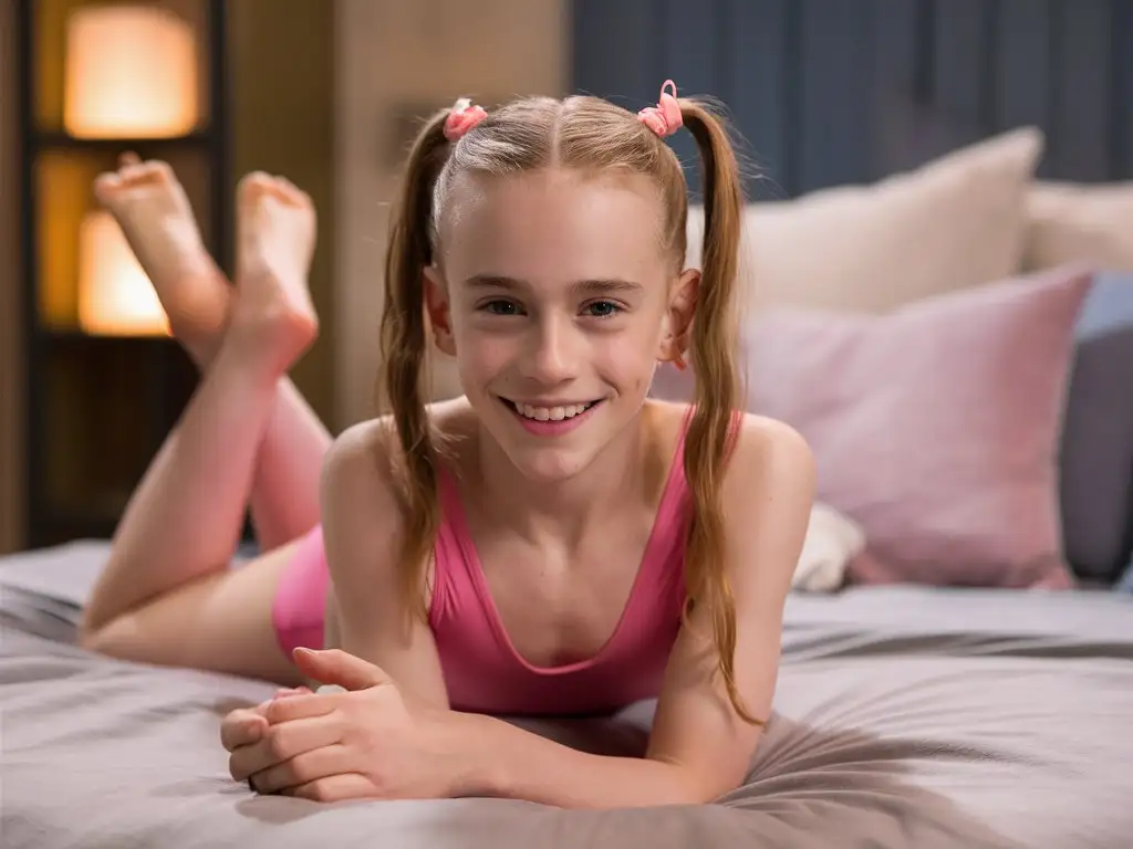 Blond Teenage Ballet Dancer Poses Playfully in Pink Leotard on Bedroom Bed  | AI Image Generator