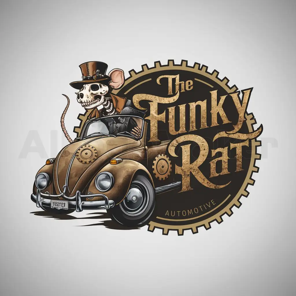 a logo design,with the text "The Funky Rat", main symbol:Rat skeleton, VW beetle, Steampunk, Cogs, Gears,Moderate,be used in Automotive industry,clear background