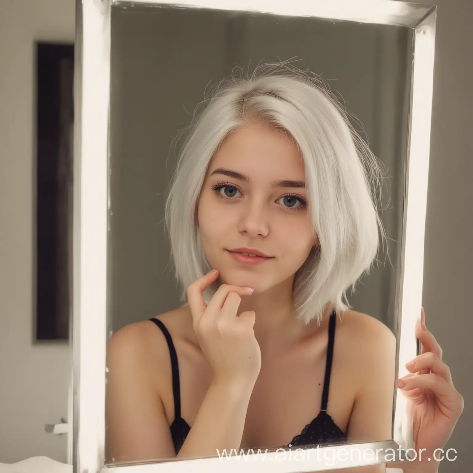 Young-Woman-with-White-Hair-Taking-Selfie-in-Mirror