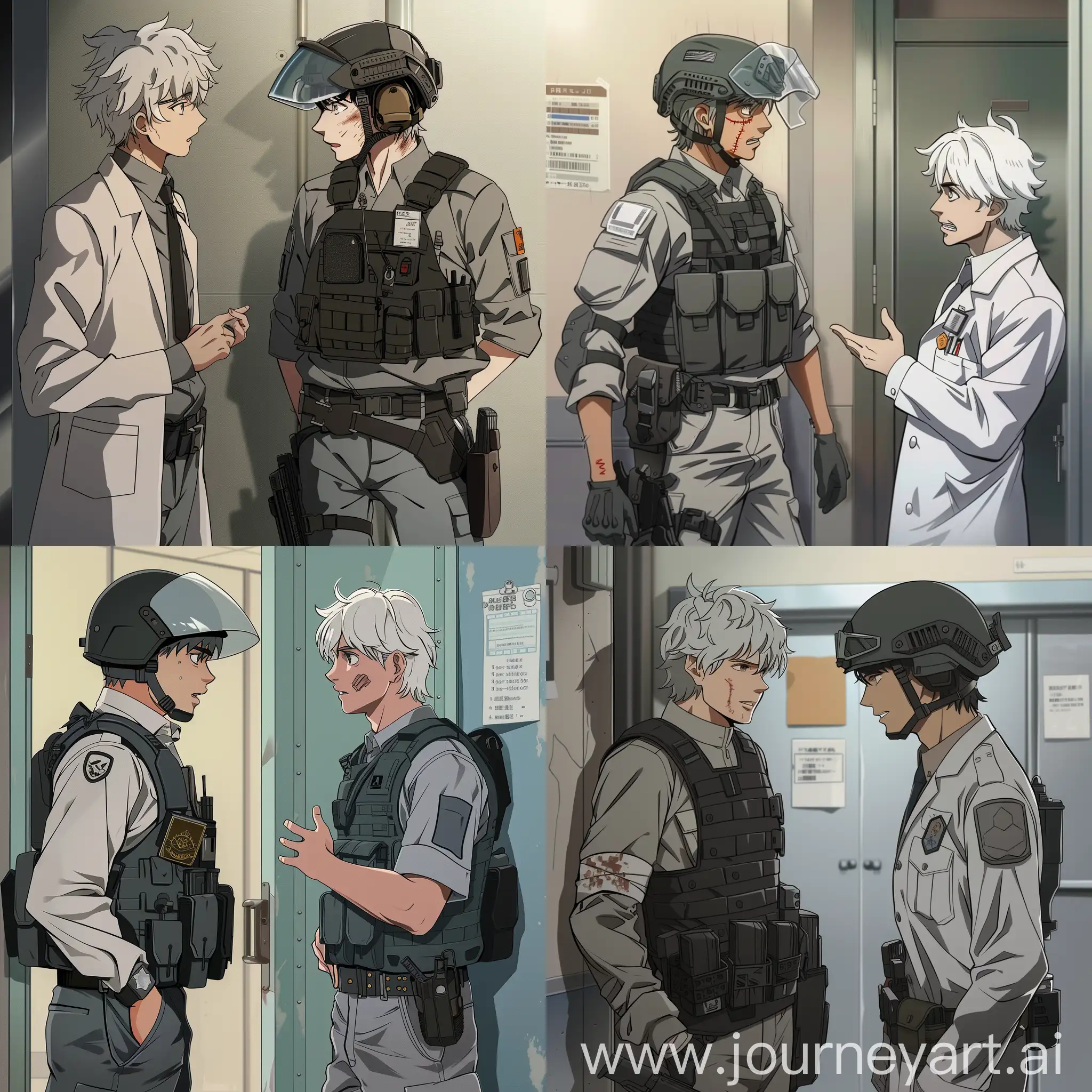 Security-Service-Employee-Talking-to-Scientist-in-Anime-Style