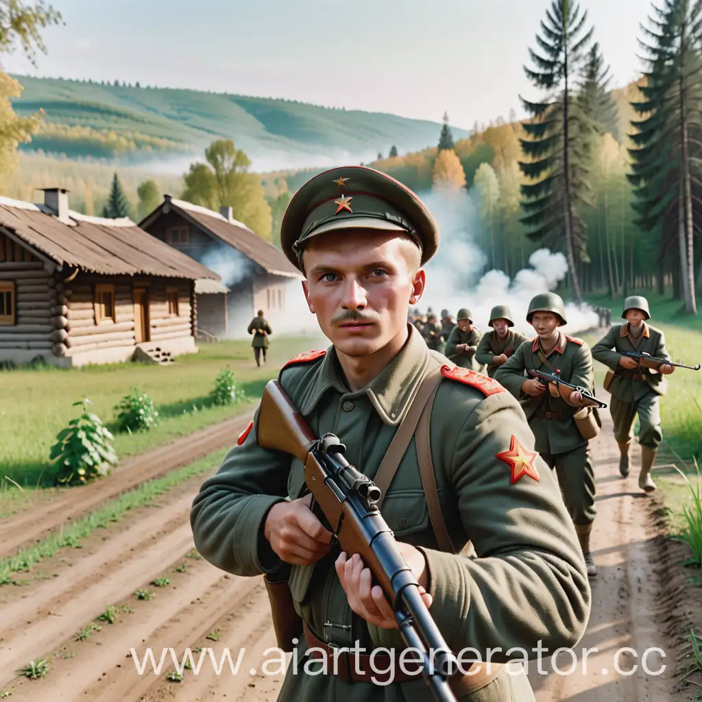 Soviet-Soldier-Aiming-with-Mid20thCentury-Weapons-in-Village-Setting