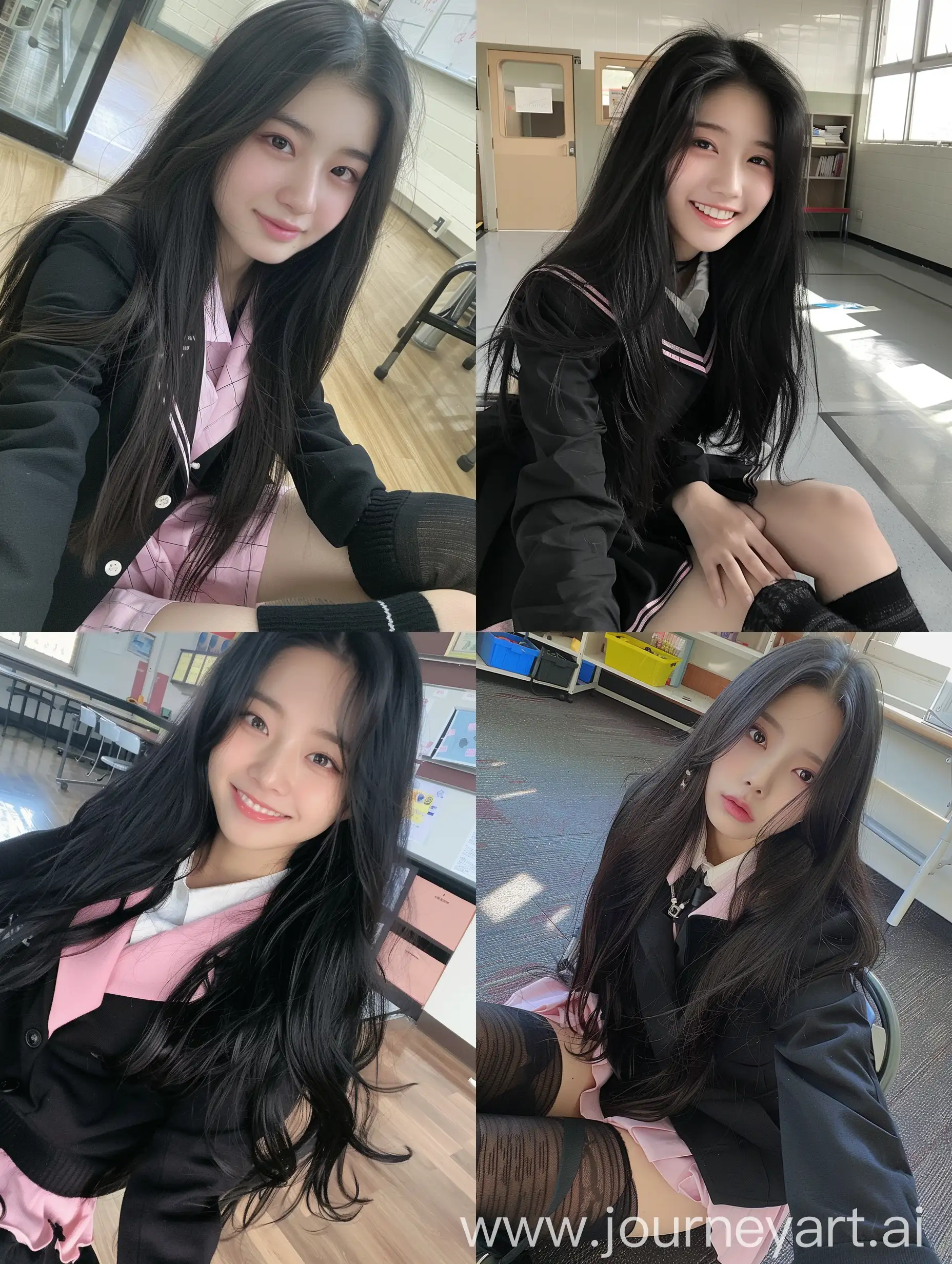 1 korean  girl,    long black hair ,   22  years  old,    influencer,    beauty   ,     in  the  school    ,school black and pink  uniform  ,  makeup,   smiling, floor view,      sitting  on  chair  ,    socks  and  boots,    no  effect,     selfie   , iphone  selfie,      no  filters ,   iphone  photo    natural