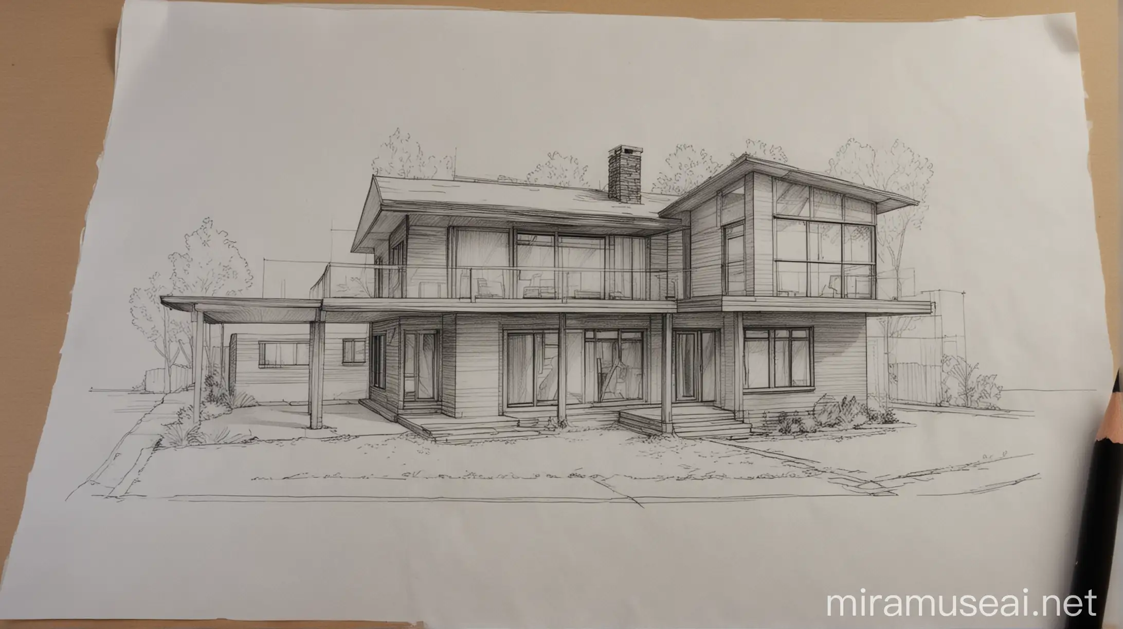 Architectural Sketch of TwoStory Glass House with Garage