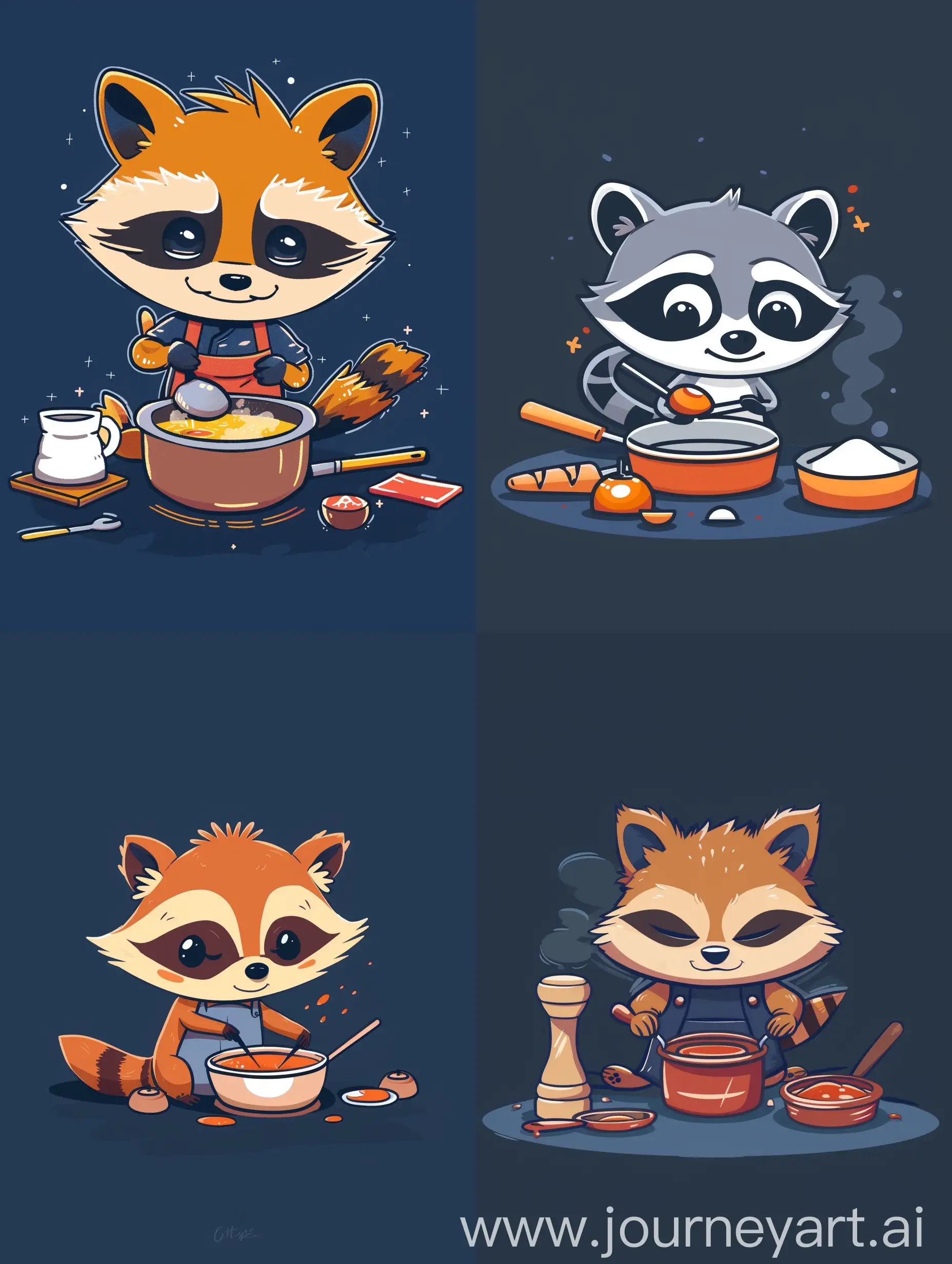 thin line style chibi cute racoon cooking, with solid dark blue background, small object and center concentrated image, far view point